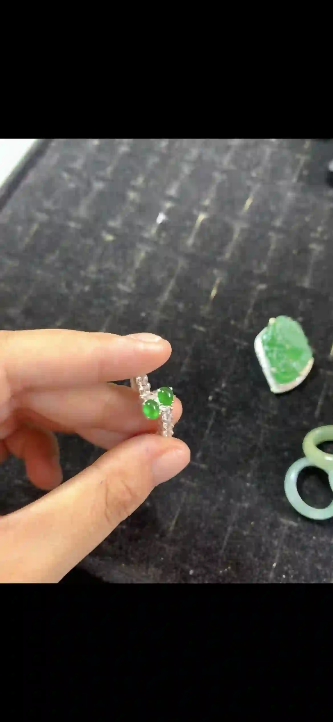 Vivid Emerald Green Jade Cabochon Ring with Diamond Halo Setting, view 2 | Myanmar Jadeite reference #21420001