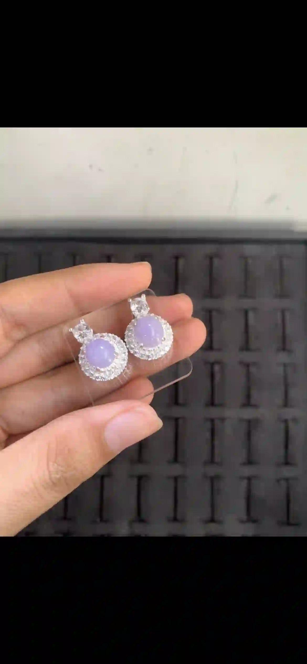 Dreamy Lavender Jade Earrings with Double Diamond Halo Setting, view 2 | Myanmar Jadeite reference #19230001