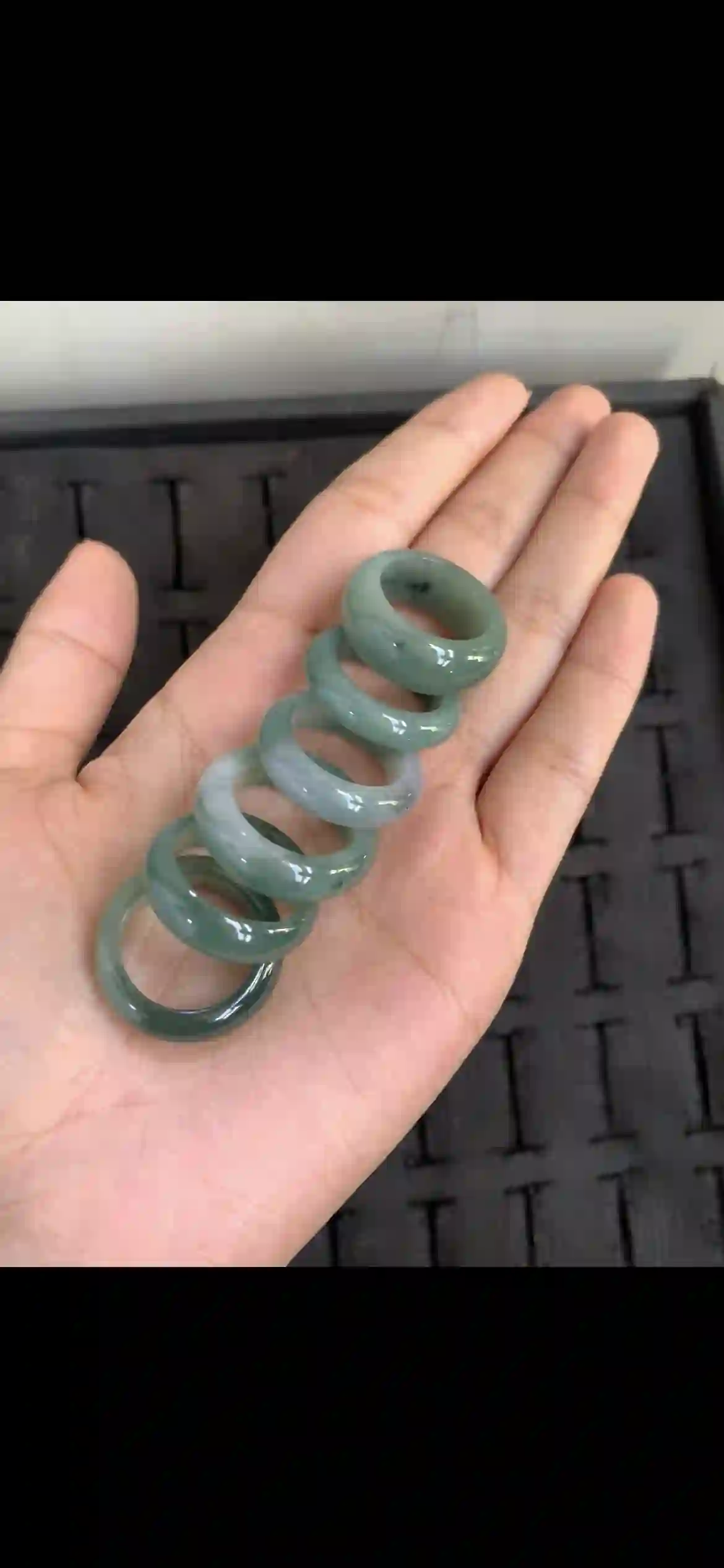  Set of Six Gradient Teal & Icy Green Jade Band Rings, view 2 | Myanmar Jadeite reference #17310001