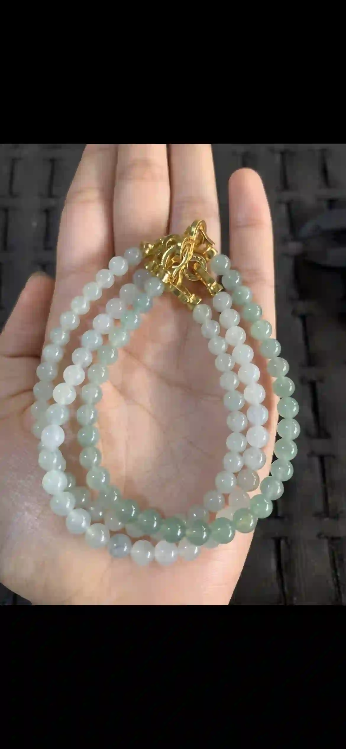 Icy Gradient Green Jadeite Multi-Strand Bracelet with Gold Clasp, view 2 | Myanmar Jadeite reference #10320001