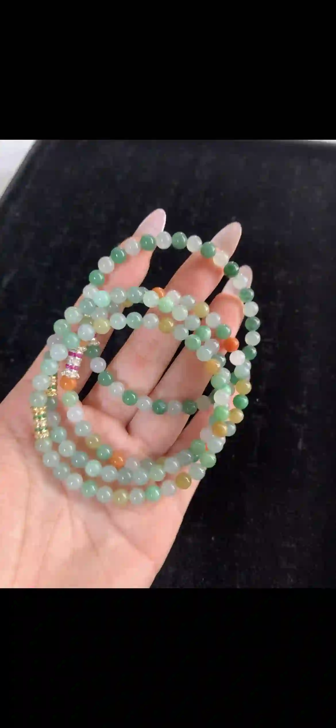 Natural Multi-Color Jadeite Bead Bracelet – 3-Loop Elegant Pastel Jade Strand with Accent Spacers | Myanmar Jadeite reference #31710001