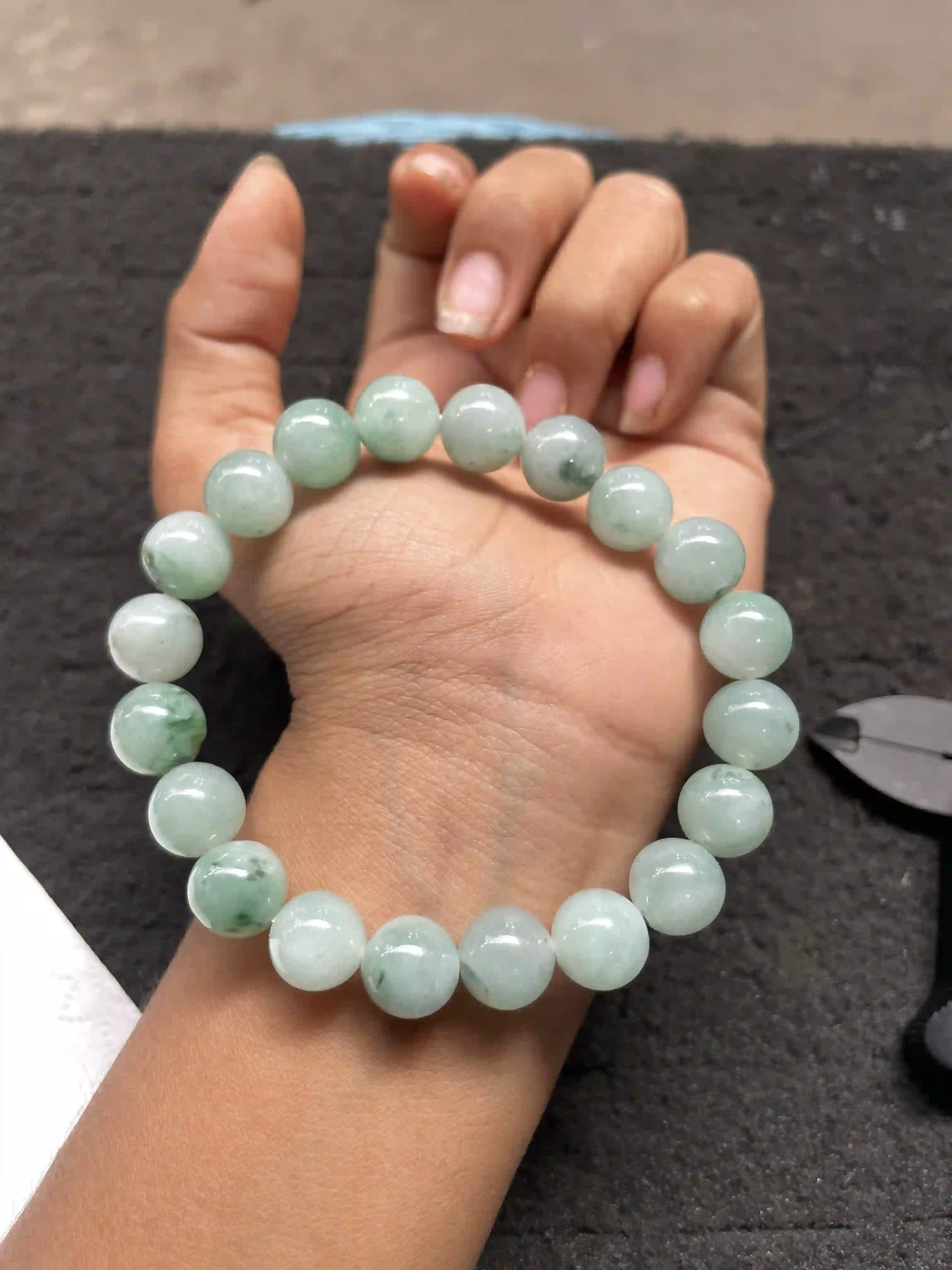  Green and White Marbled Jade Bead Bracelet, view 2 | Myanmar Jadeite reference #630002