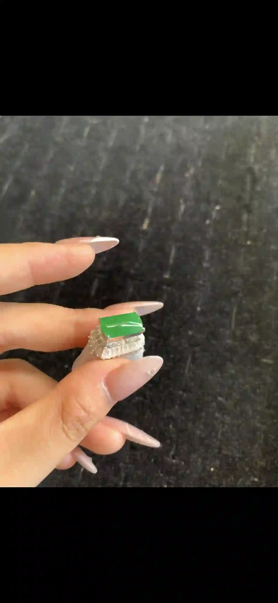 Vivid Rectangular Green Jade Ring with Diamond Halo Setting, view 2 | Myanmar Jadeite reference #22980001