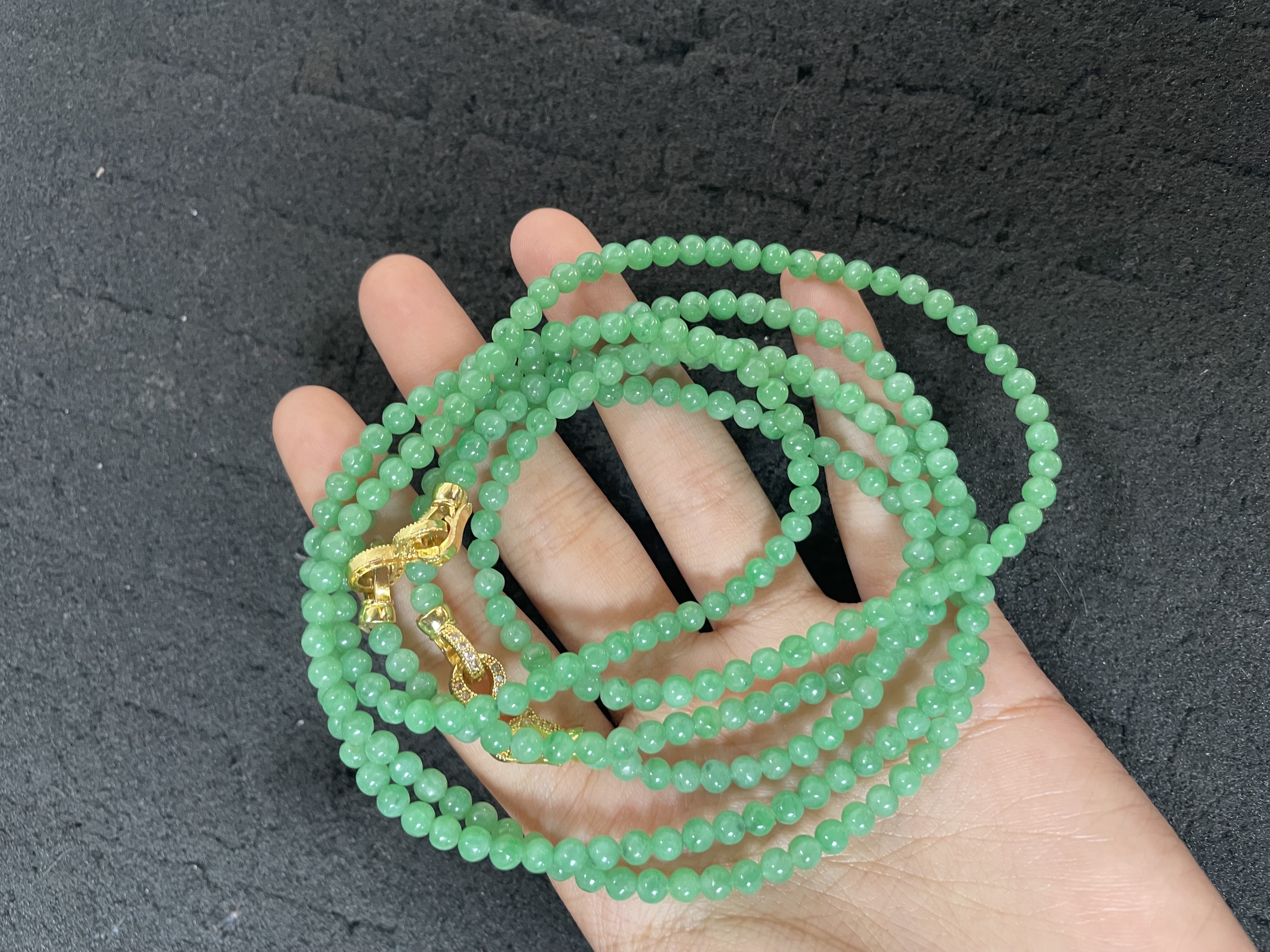 Set of Vivid Green Beaded Necklaces with Gold-Toned Clasps - Burmese Jadeite from Myanmar