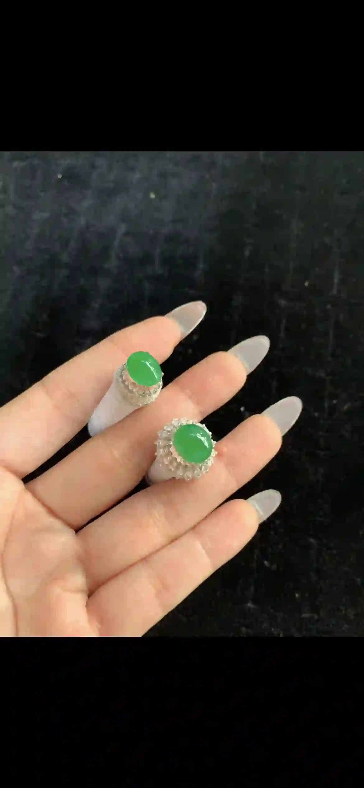 Pair of Vivid Imperial Green Jade Cocktail Rings, view 2 | Myanmar Jadeite reference #32190001