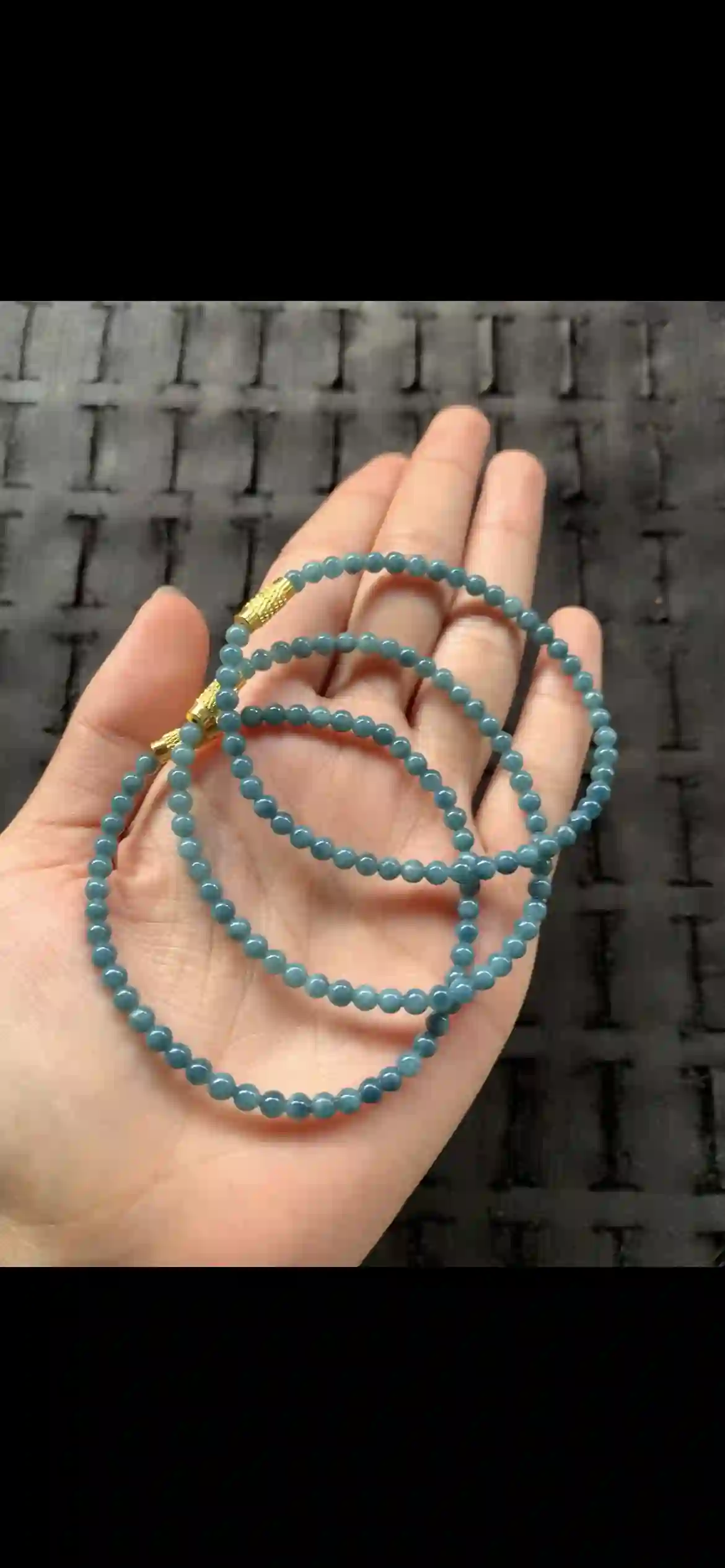 Deep Icy Blue Jade Multi-Wrap Beaded Bracelet with Textured Gold Accents | Myanmar Jadeite reference #22980002