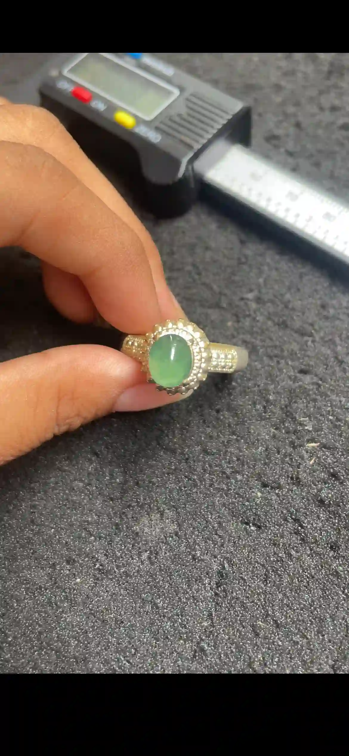  Icy Green Jadeite Solitaire Ring with Ornate Gold-Tone Setting, view 2 | Myanmar Jadeite reference #4110001