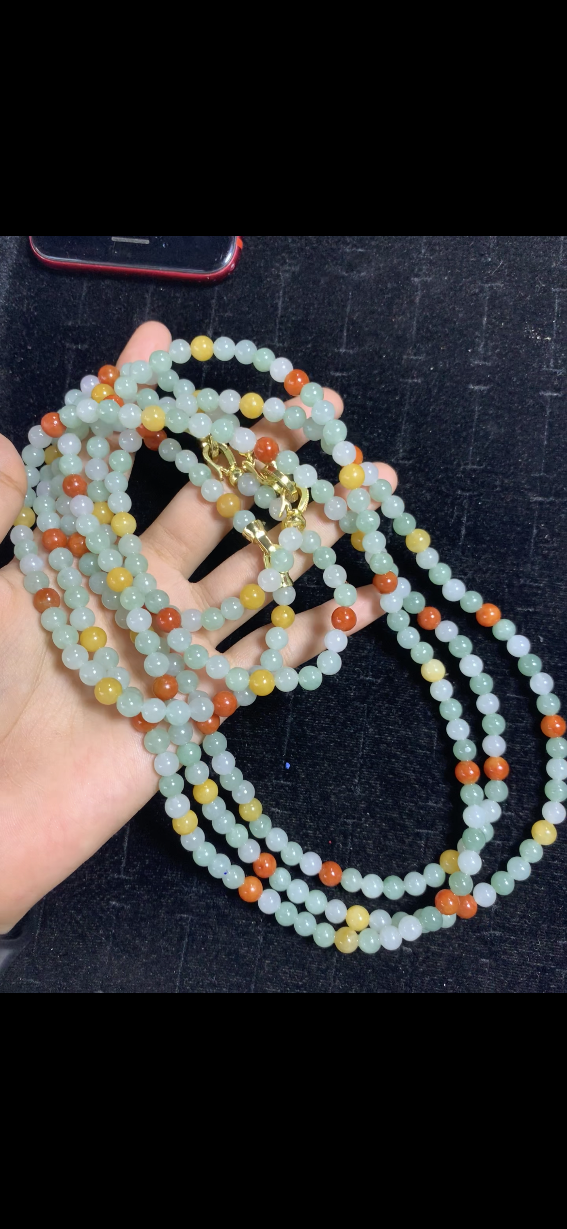Three-Tone Multicolor Jade Long Necklace — Triple Strand with Gold Clasp