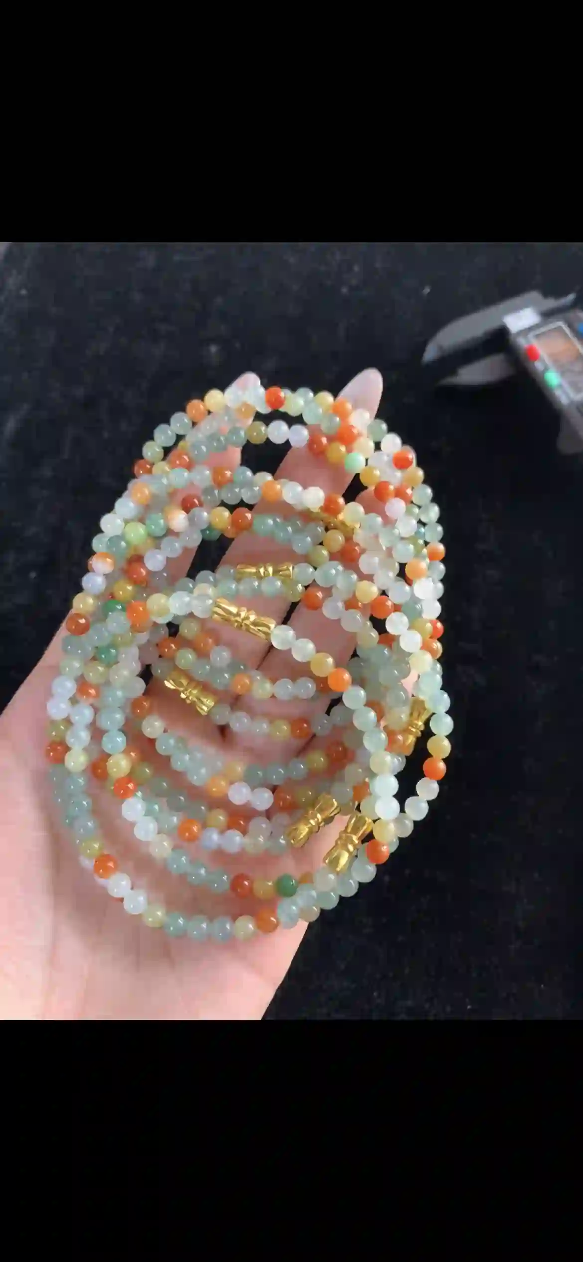 Vibrant Multi-Color Jadeite Bead Long Necklace – Icy White, Green & Orange-Red Jade with Gold Accents | Myanmar Jadeite reference #31770001