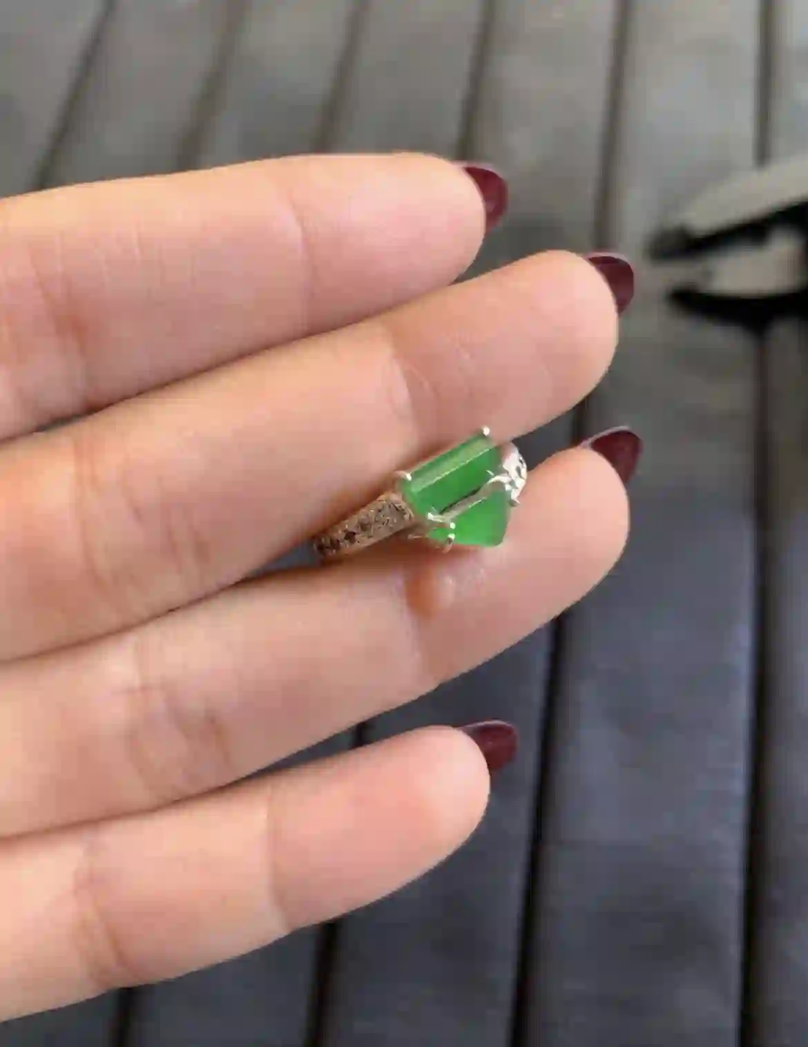 Modern Two-Stone Green Jade Ring in Geometric Cut, view 2 | Myanmar Jadeite reference #2880006