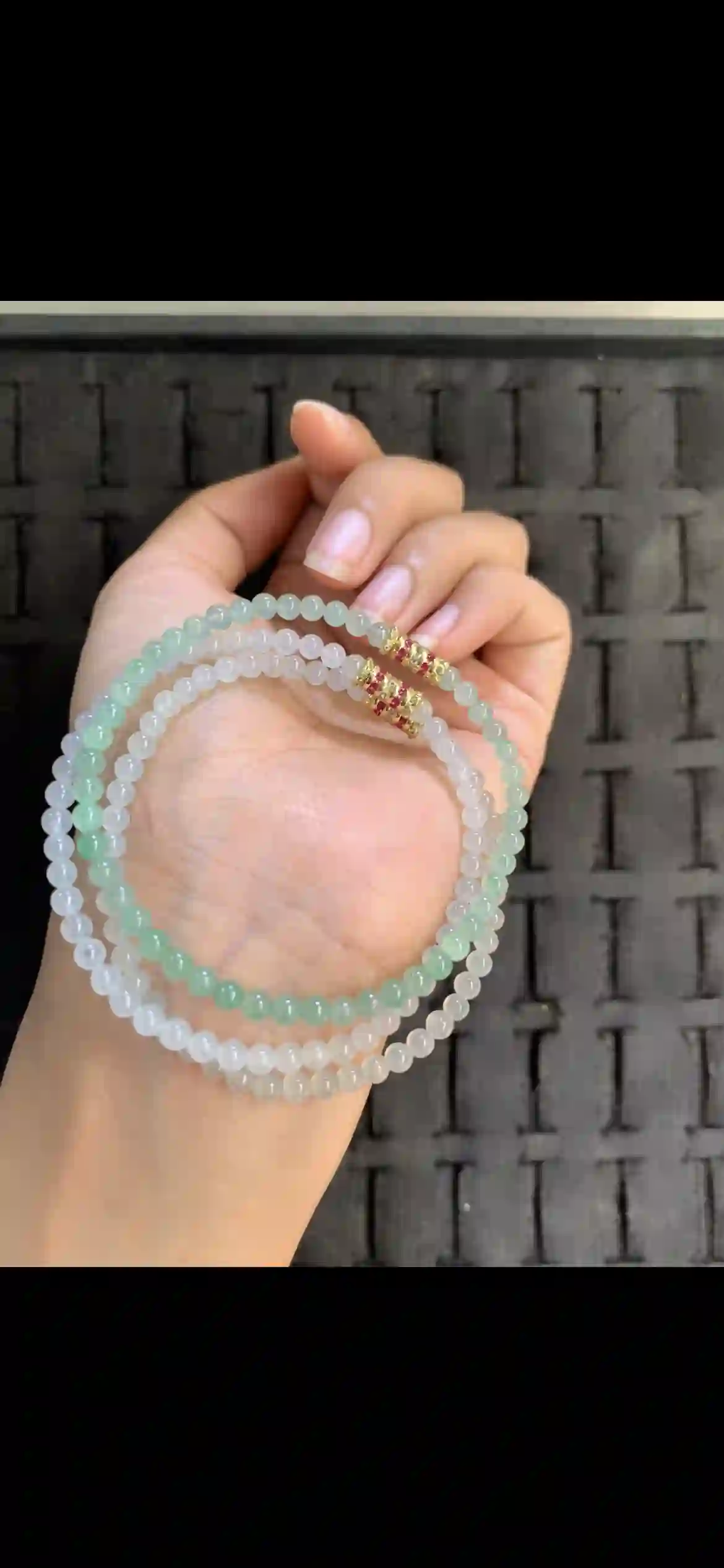 Double-Strand Gradient Icy Mint Jade Bead Bracelet with Gemstone Accent Clasps, view 2 | Myanmar Jadeite reference #17580001