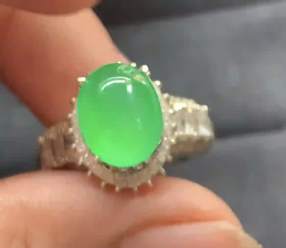 Vivid Green Cabochon Gemstone Ring with Textured Metal Band | Myanmar Jadeite reference #180001
