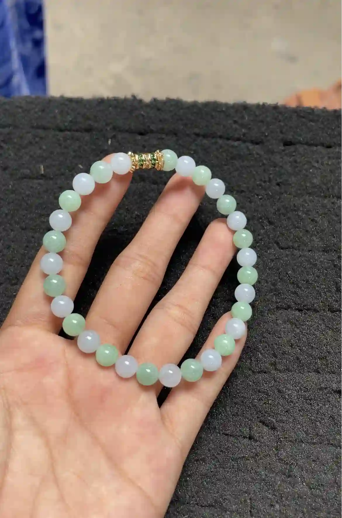 Natural Green & White Jade Beaded Bracelet, view 2 | Myanmar Jadeite reference #2340003
