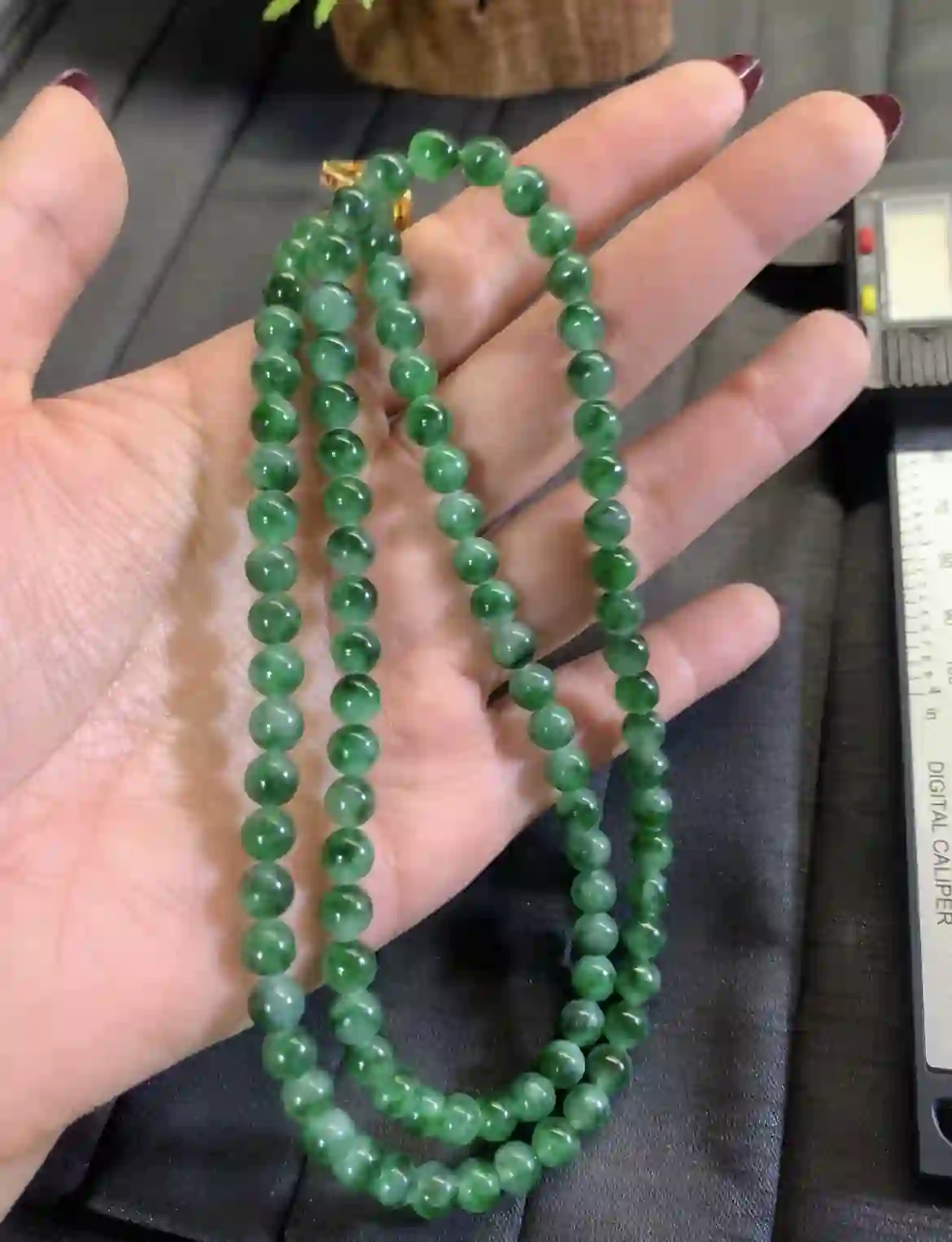 Deep Emerald Green Floating Pattern Jade Bead Necklace | Myanmar Jadeite reference #2820004