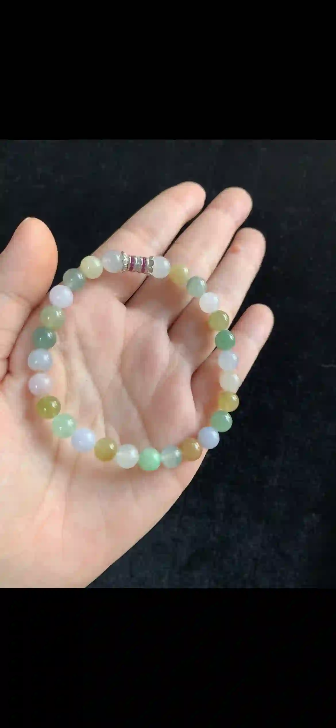 Pastel Multi-Color Rainbow Jade Beaded Bracelet with Ruby & Silver Accent | Myanmar Jadeite reference #36750002