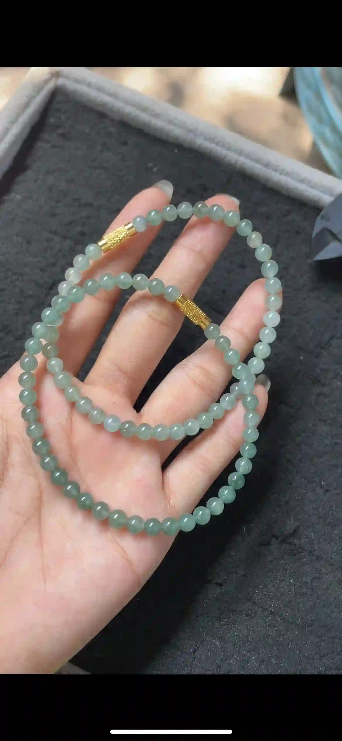  Icy Floating Blue-Green Jade Bead Multi-Layer Bracelet with Gold Spacers, view 2 | Myanmar Jadeite reference #6390001