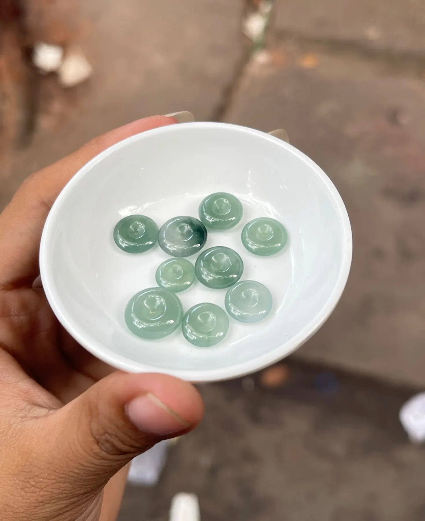 Natural High-Translucency Glassy/Ice Variety Light Teal-Green Ping An Kou (Peace Safety Donut) Loose Jadeite Set in Ceramic | Myanmar Jadeite reference #39210002