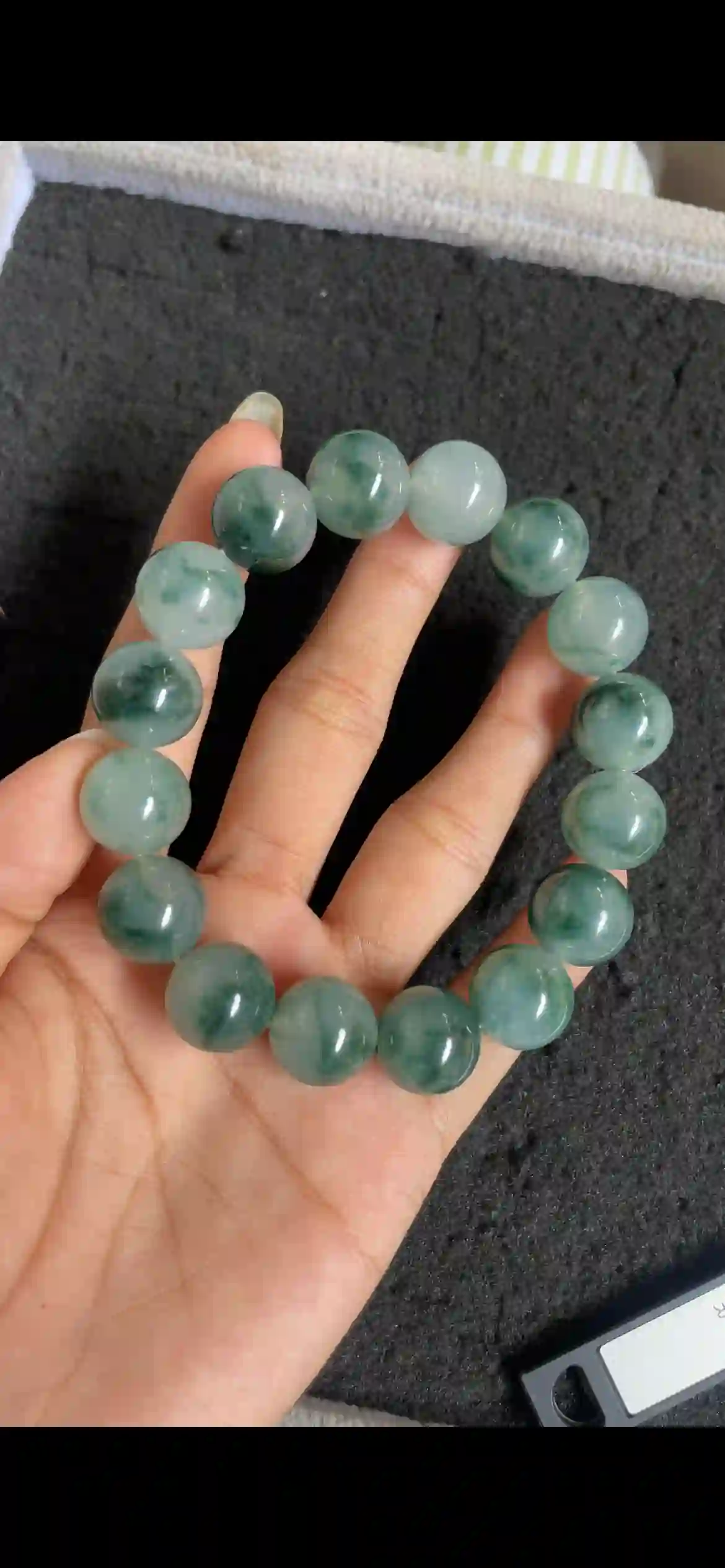 Natural Icy Deep Floating Blue-Green Jadeite Bead Bracelet, view 2 | Myanmar Jadeite reference #7380001