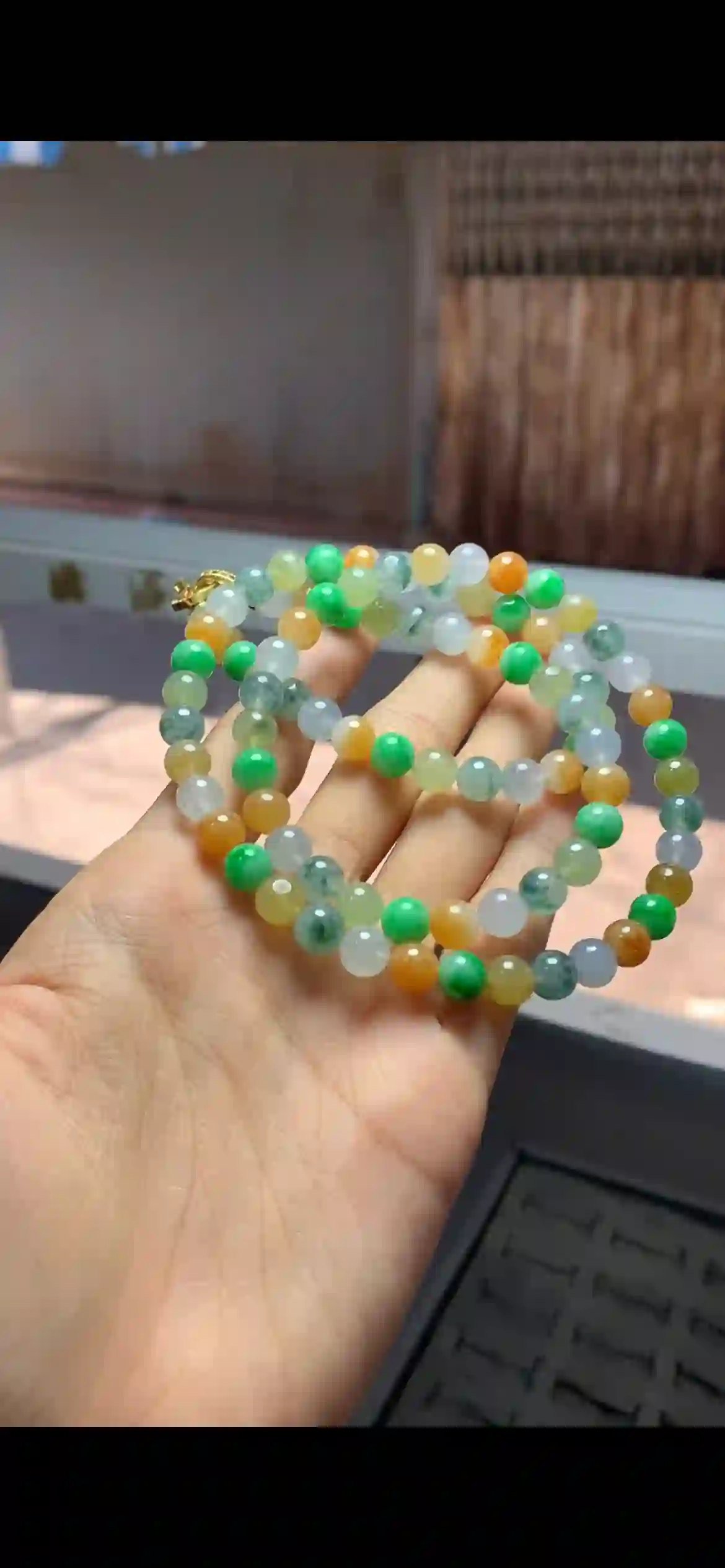  Natural Multi-Color Icy Jadeite Bead Necklace with Gold Clasp | Myanmar Jadeite reference #6840001