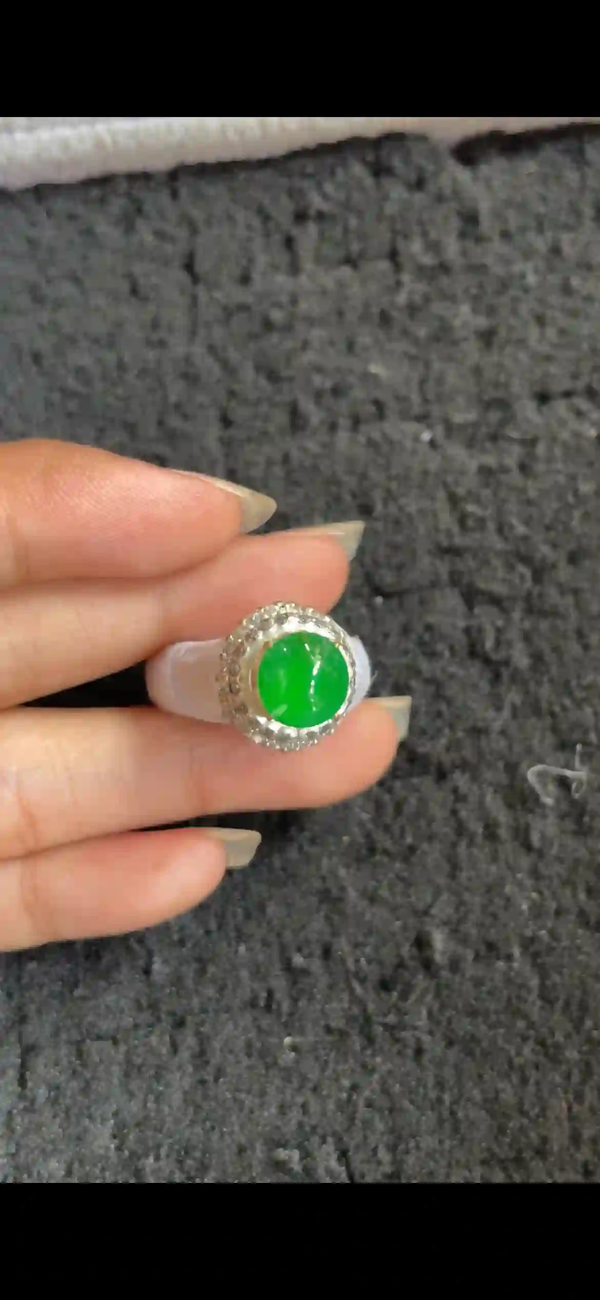  Vibrant Imperial Green Jadeite Cabochon Ring with Diamond Halo, view 2 | Myanmar Jadeite reference #7230001