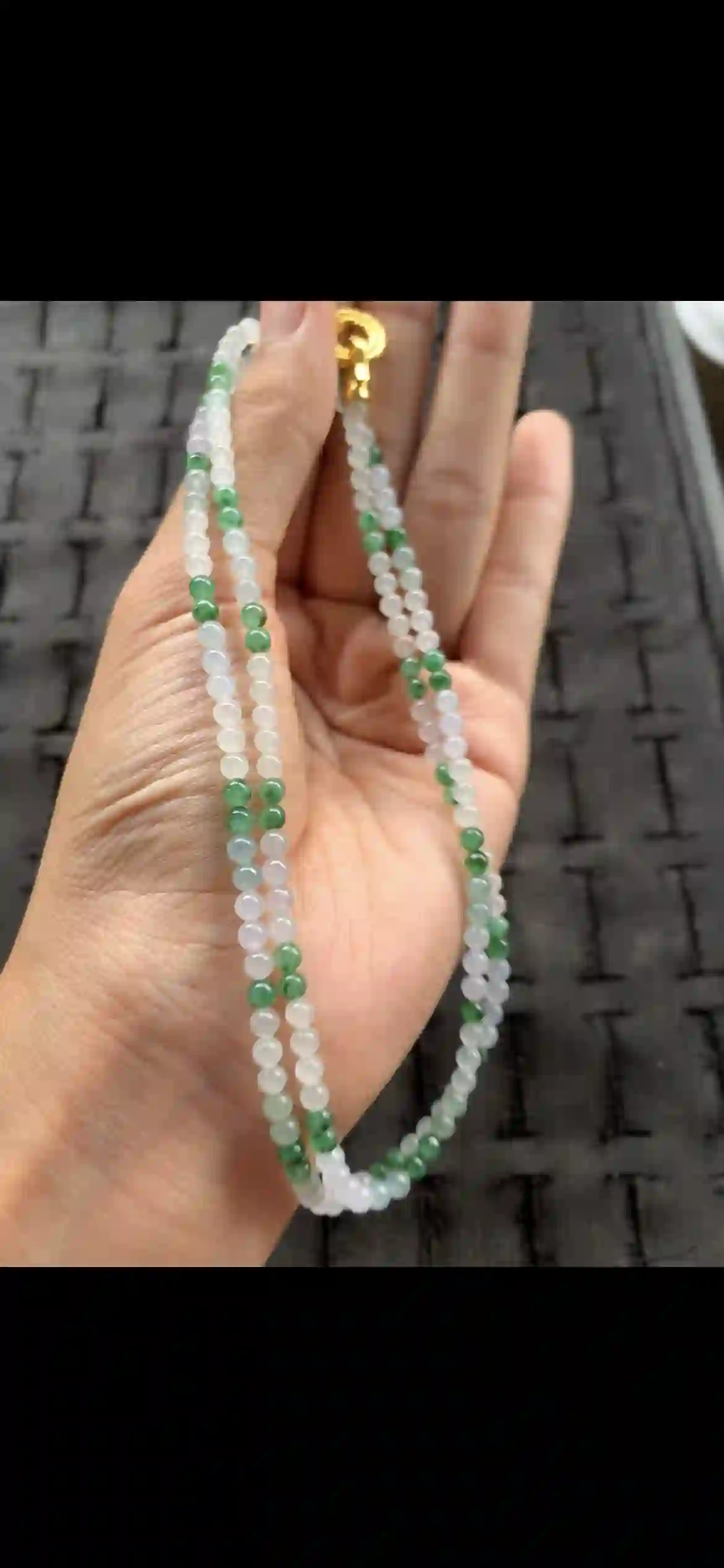 Alternating Icy White & Vivid Green Jade Beaded Necklace with Gold Clasp, view 2 | Myanmar Jadeite reference #22650001