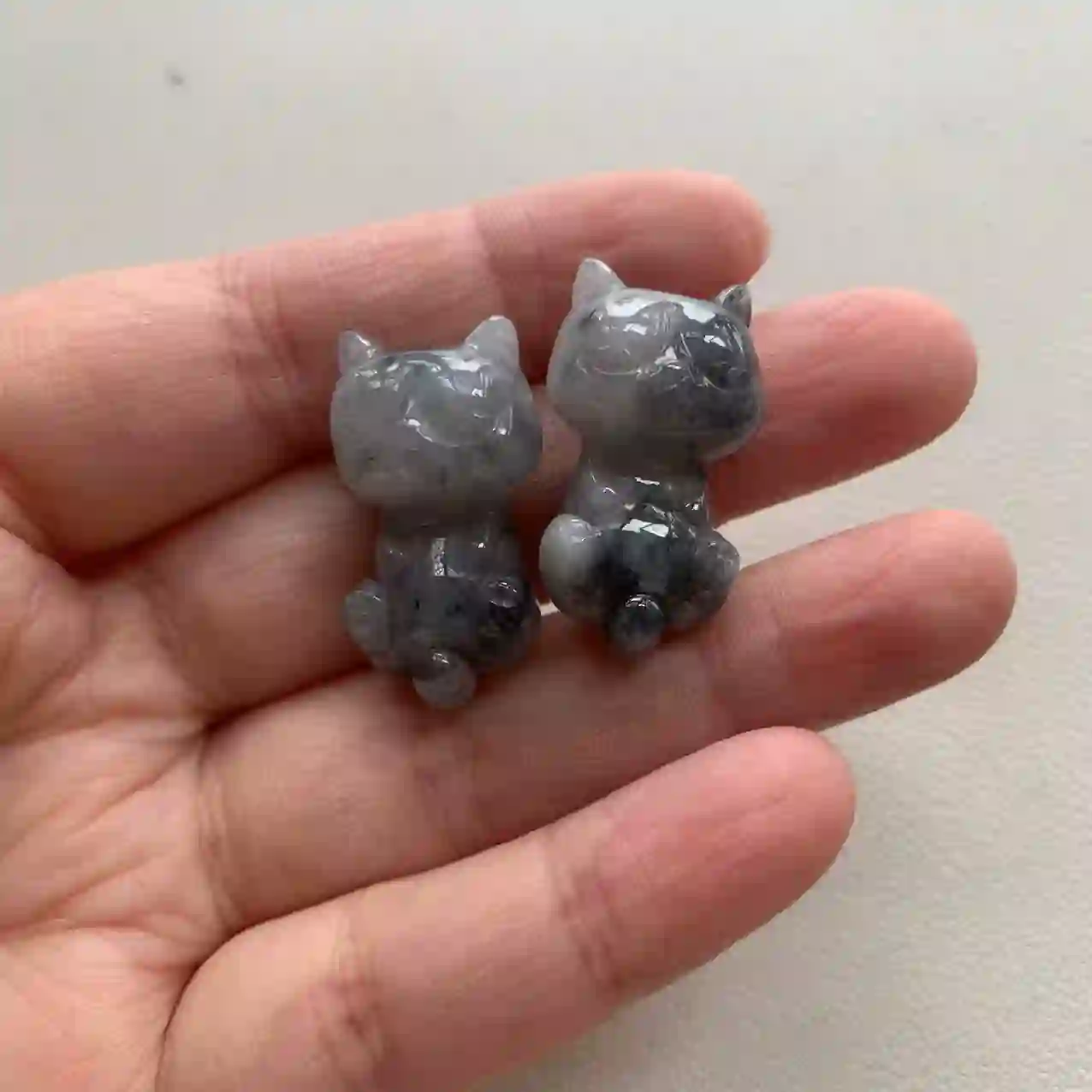 Pair of Hand-Carved Grey Jade Cat Figurines | Myanmar Jadeite reference #2040019
