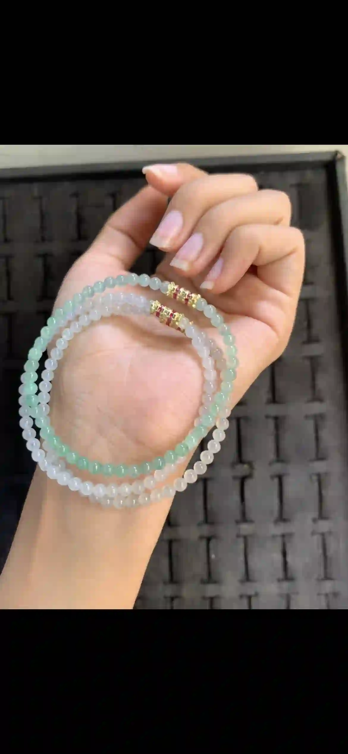 Double-Strand Gradient Icy Mint Jade Bead Bracelet with Gemstone Accent Clasps | Myanmar Jadeite reference #17580001