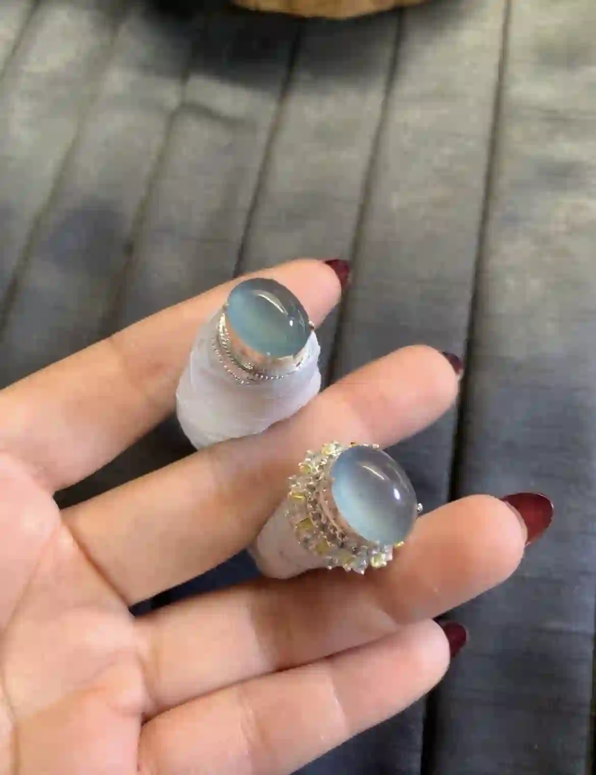 Icy Sky Blue Jade Cabochon Gemstone Set, view 2 | Myanmar Jadeite reference #2790007