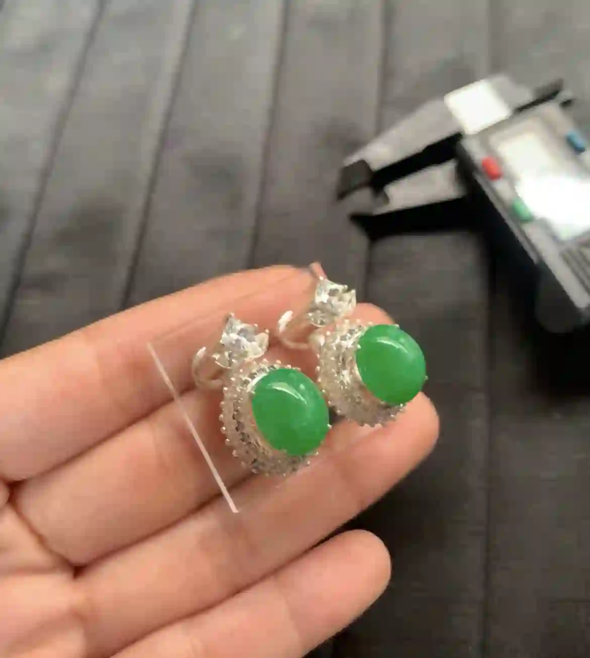 Natural Green Jade Earrings with Diamond Halo, view 2 | Myanmar Jadeite reference #2490001
