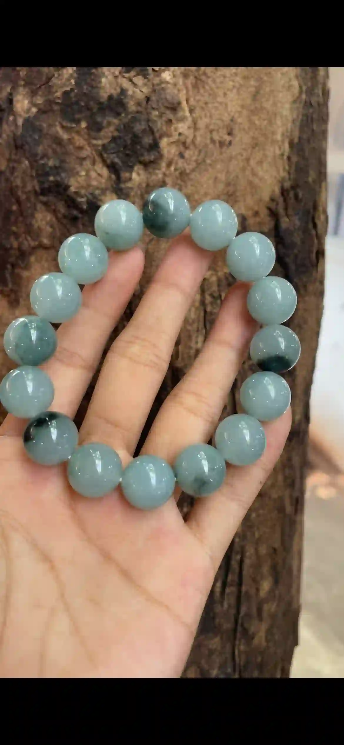 Icy Light Green Floating Dark Pattern Jadeite Bead Bracelet | Myanmar Jadeite reference #9960002