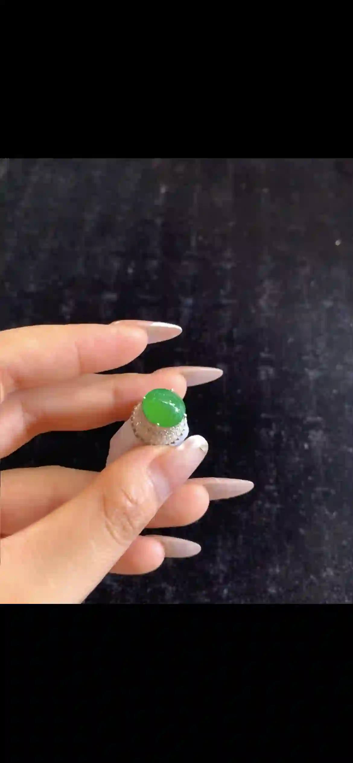Vivid Imperial Green Jade Cabochon Ring with Diamond Halo, view 2 | Myanmar Jadeite reference #28230001