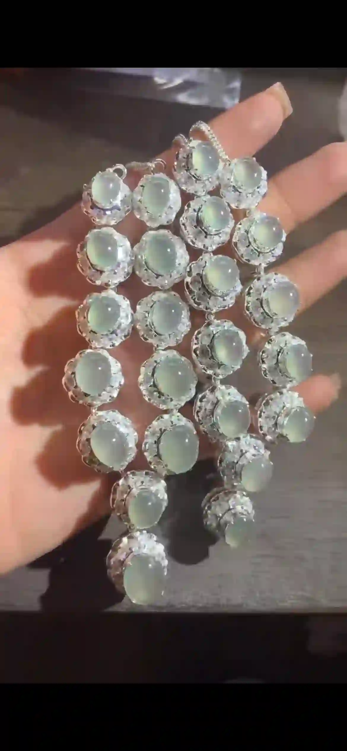 Natural Icy Pale Green Jadeite Cabochon Pendants with Diamond Halo Setting | Myanmar Jadeite reference #6930001
