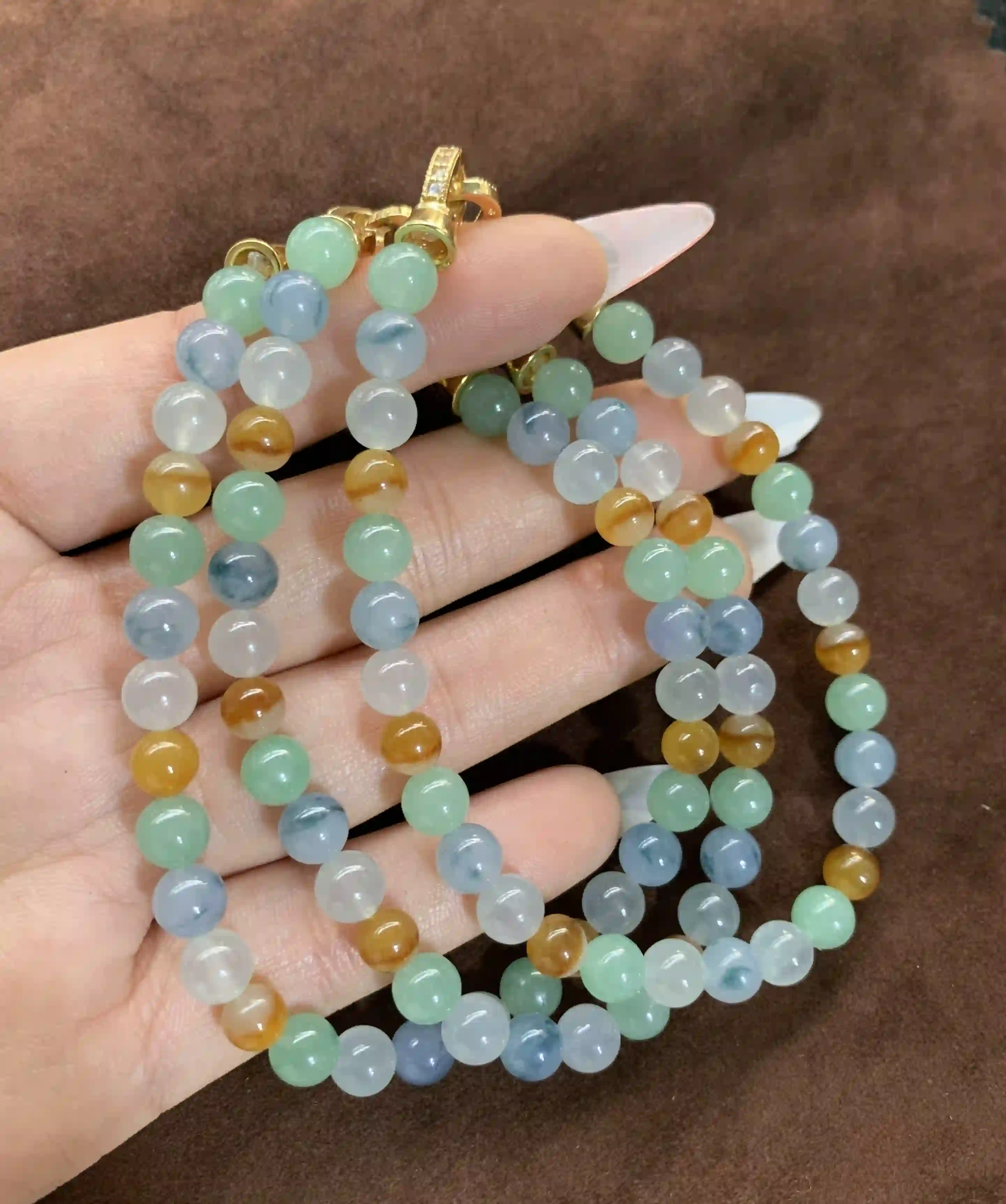  Multi-Color Jadeite Beaded Necklace with Gold Clasp, view 2 | Myanmar Jadeite reference #840001