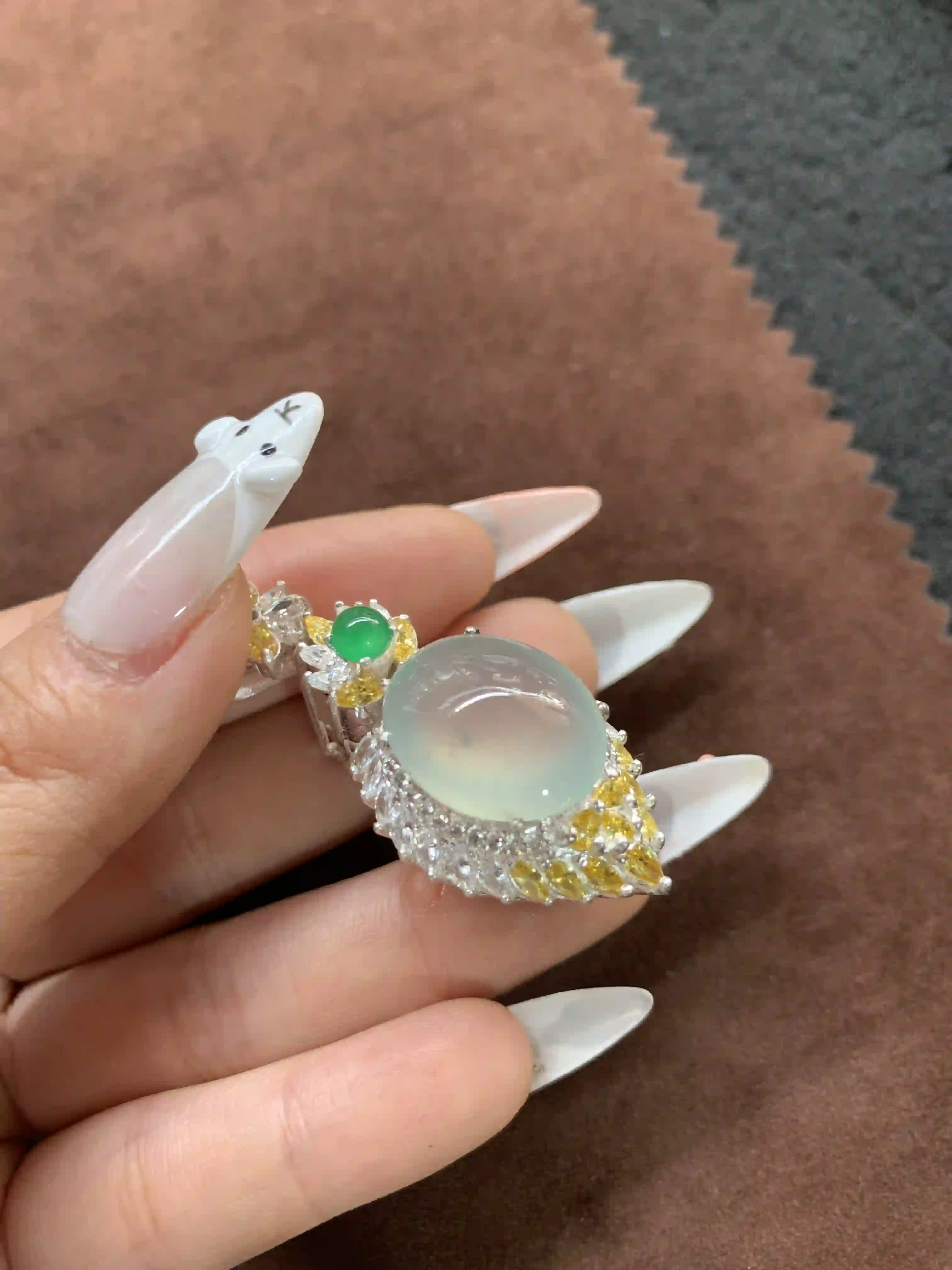 Translucent Jadeite Cocktail Ring with Green & Yellow Accents, view 2 | Myanmar Jadeite reference #870005