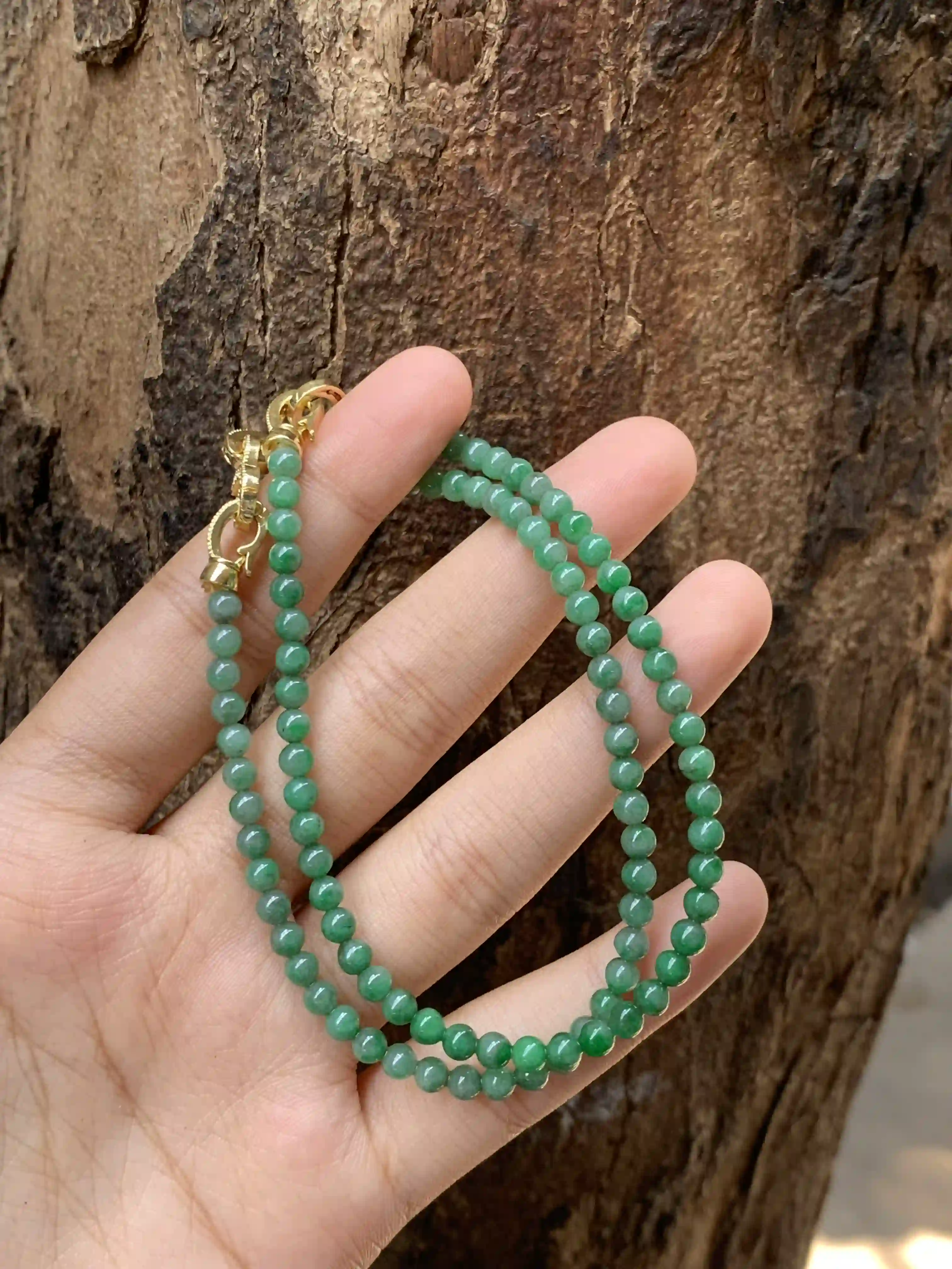 Natural Green Jade Beaded Necklace with Gold Clasp, view 2 | Myanmar Jadeite reference #2220001