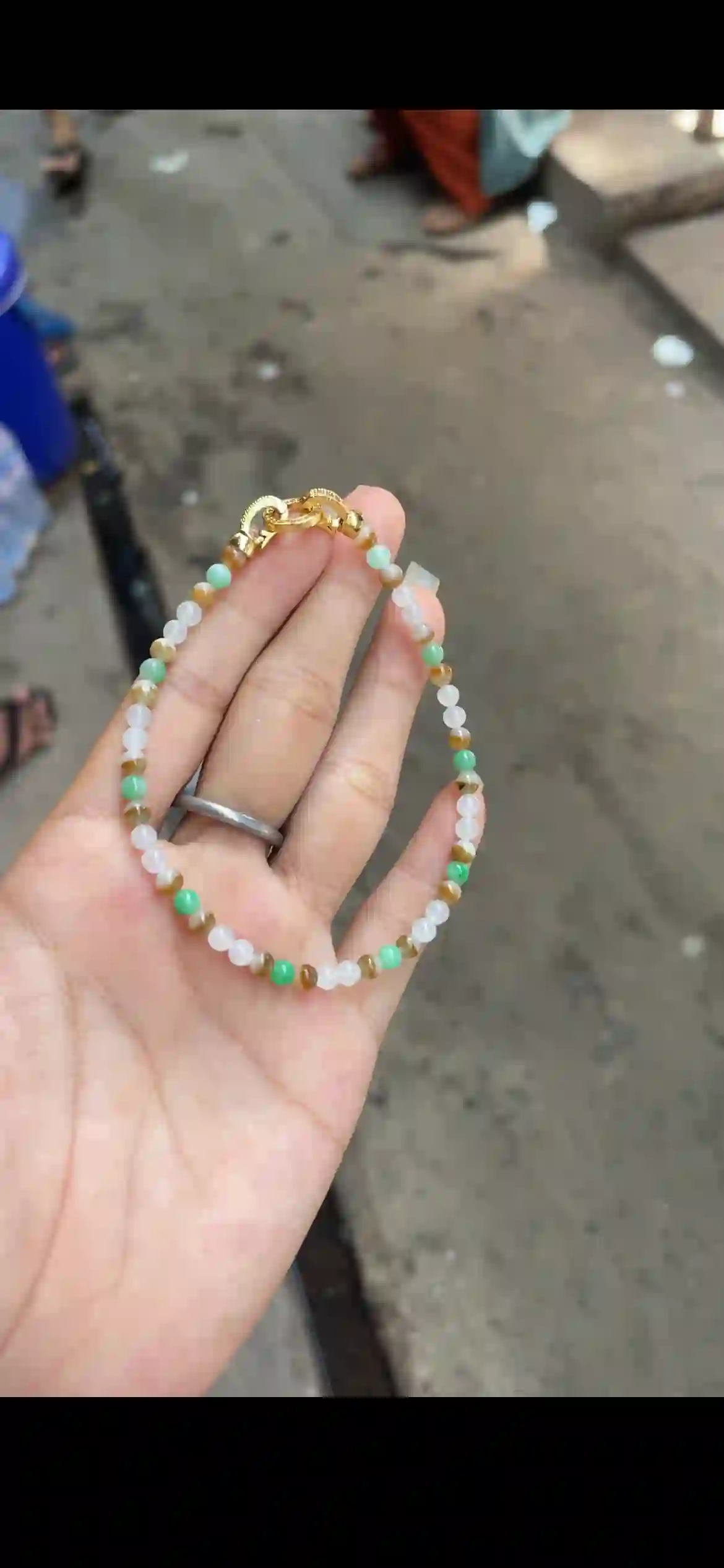 Tri-Color Jade Bead Bracelet — White, Green & Honey Amber with Gold Clasp, view 2 | Myanmar Jadeite reference #21570001