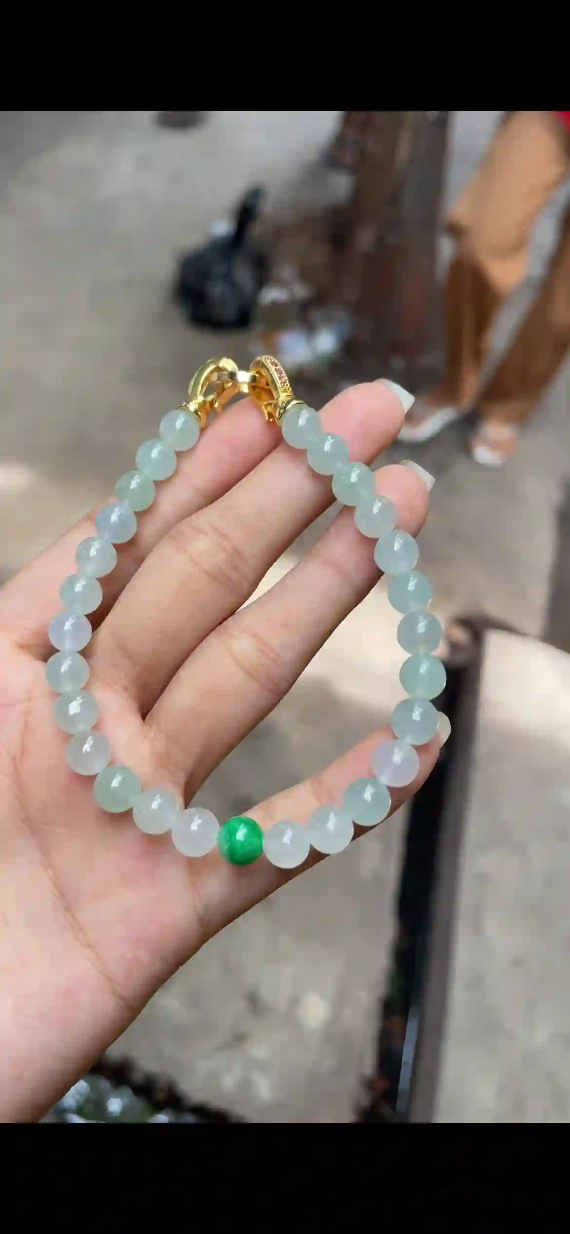  Icy Pale Celadon Jadeite Bracelet with Bright Green Accent & Gold Clasp | Myanmar Jadeite reference #9720001