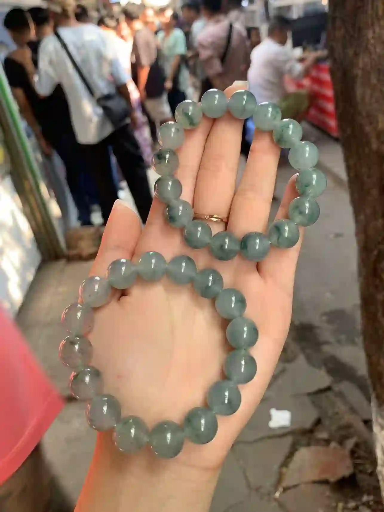 Dark Green Translucent Jade Beaded Bracelets with Natural Cloud Inclusions - Set of Two | Myanmar Jadeite reference #510006