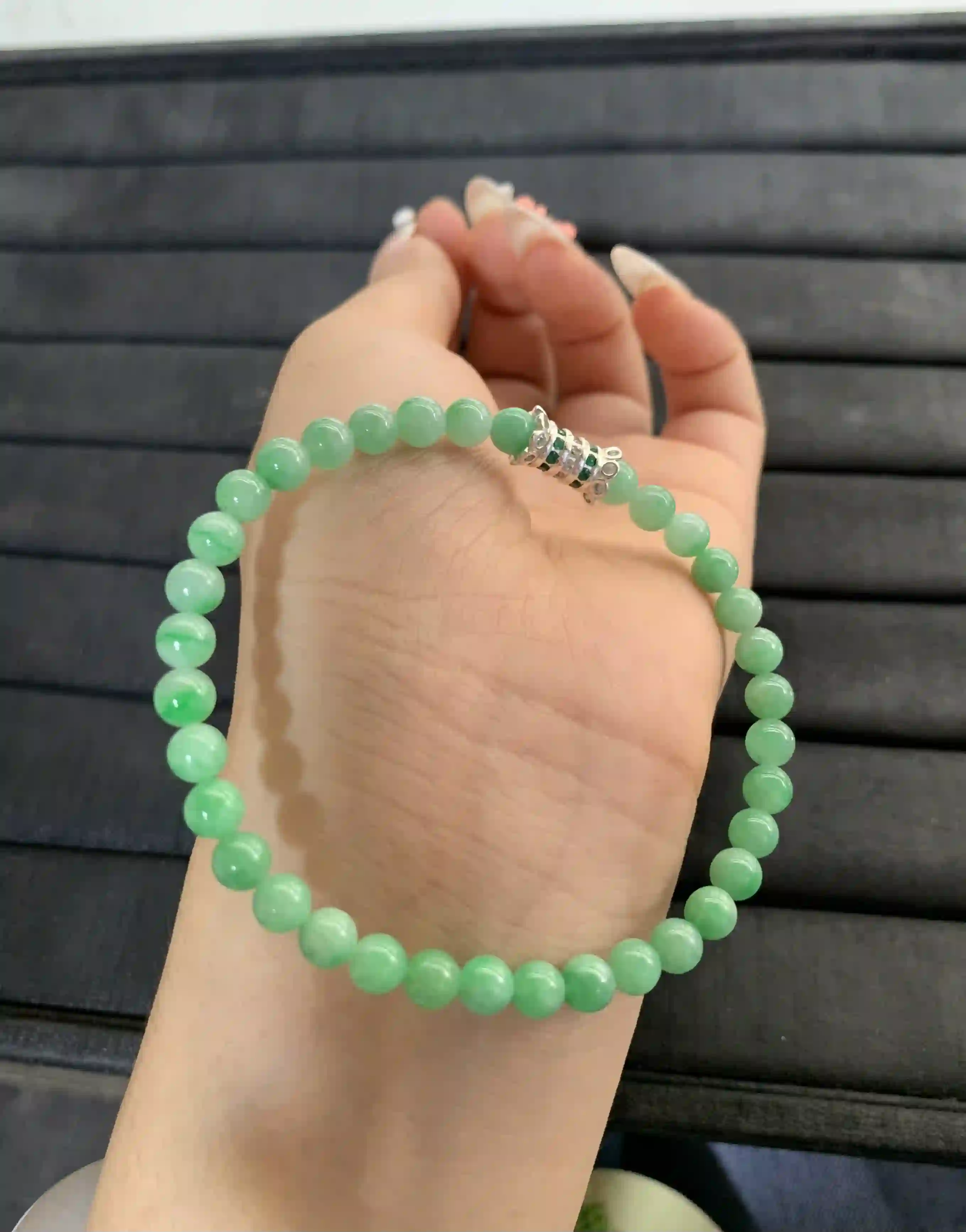   Natural Green Jade Bead Bracelet, view 2 | Myanmar Jadeite reference #1680002