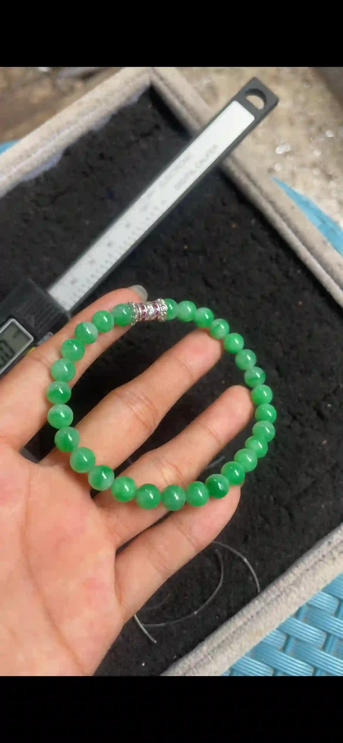  Vibrant Emerald Green Jade Bead Bracelet with Silver & Ruby Accent, view 2 | Myanmar Jadeite reference #6210001