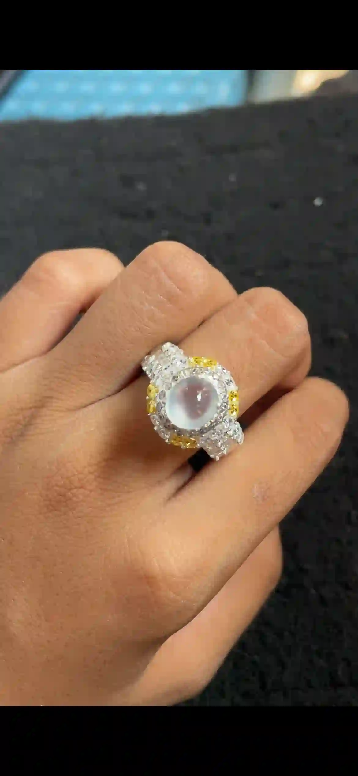 Icy Glassy White Jade Cabochon Ring, Sterling Silver Setting with Yellow & White Accent Stones | Myanmar Jadeite reference #4800001