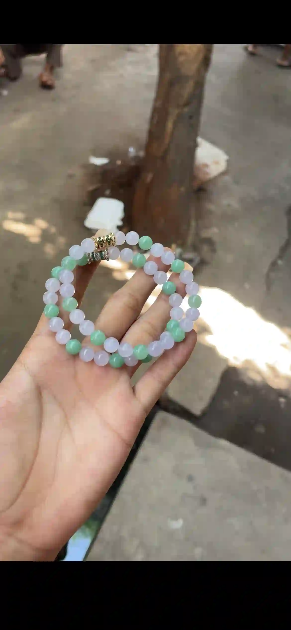 Lavender & Mint Green Jade Double-Strand Bracelet with Gold & Green Gem Accents | Myanmar Jadeite reference #23010001