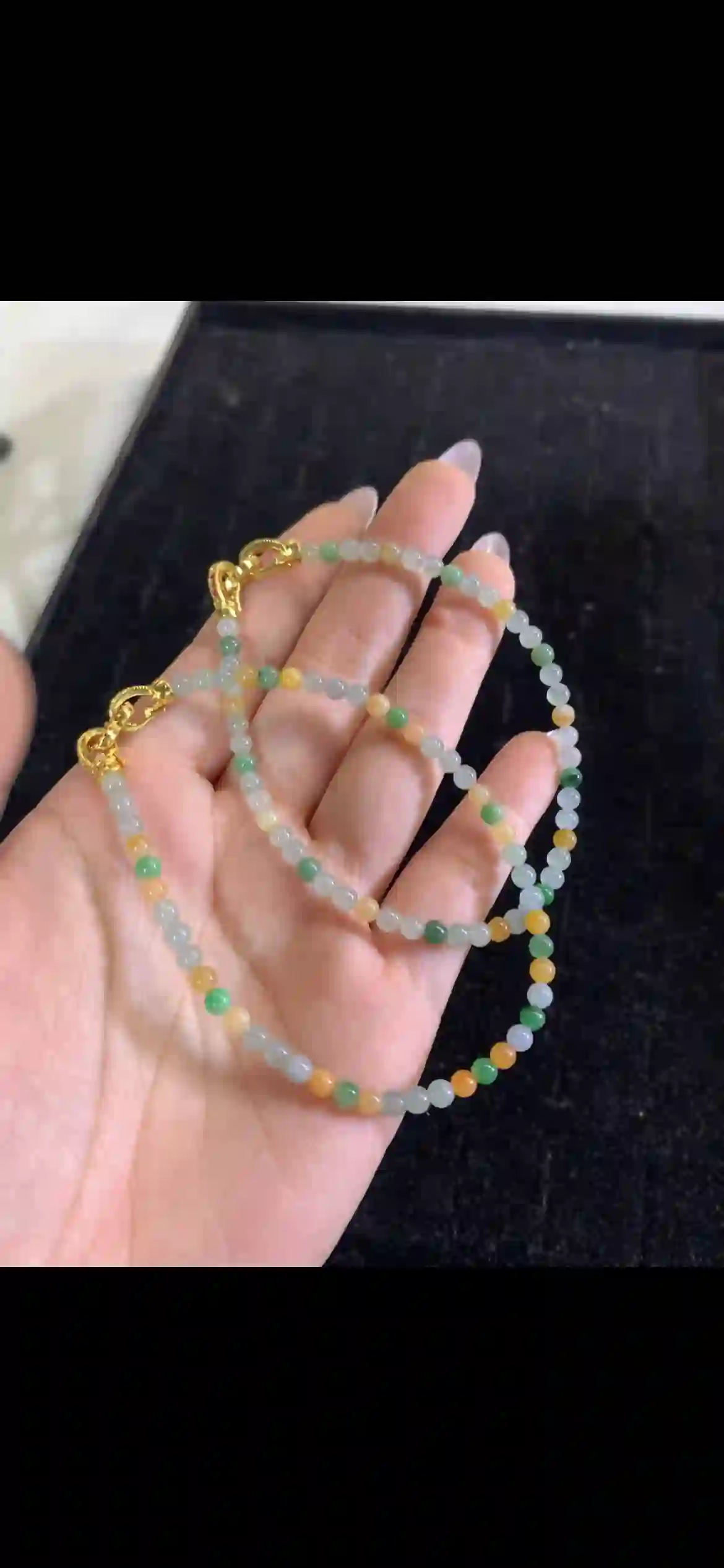 Set of Two Multicolor Gradient Jade Beaded Bracelets with Premium Gold Clasps, view 2 | Myanmar Jadeite reference #22740001