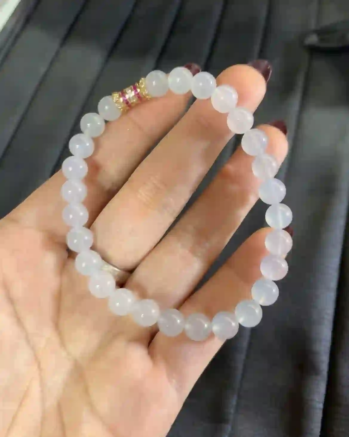   Icy Translucent White Jadeite Beaded Bracelet with Gold Plated Gemstone Accent, view 2 | Myanmar Jadeite reference #3300002