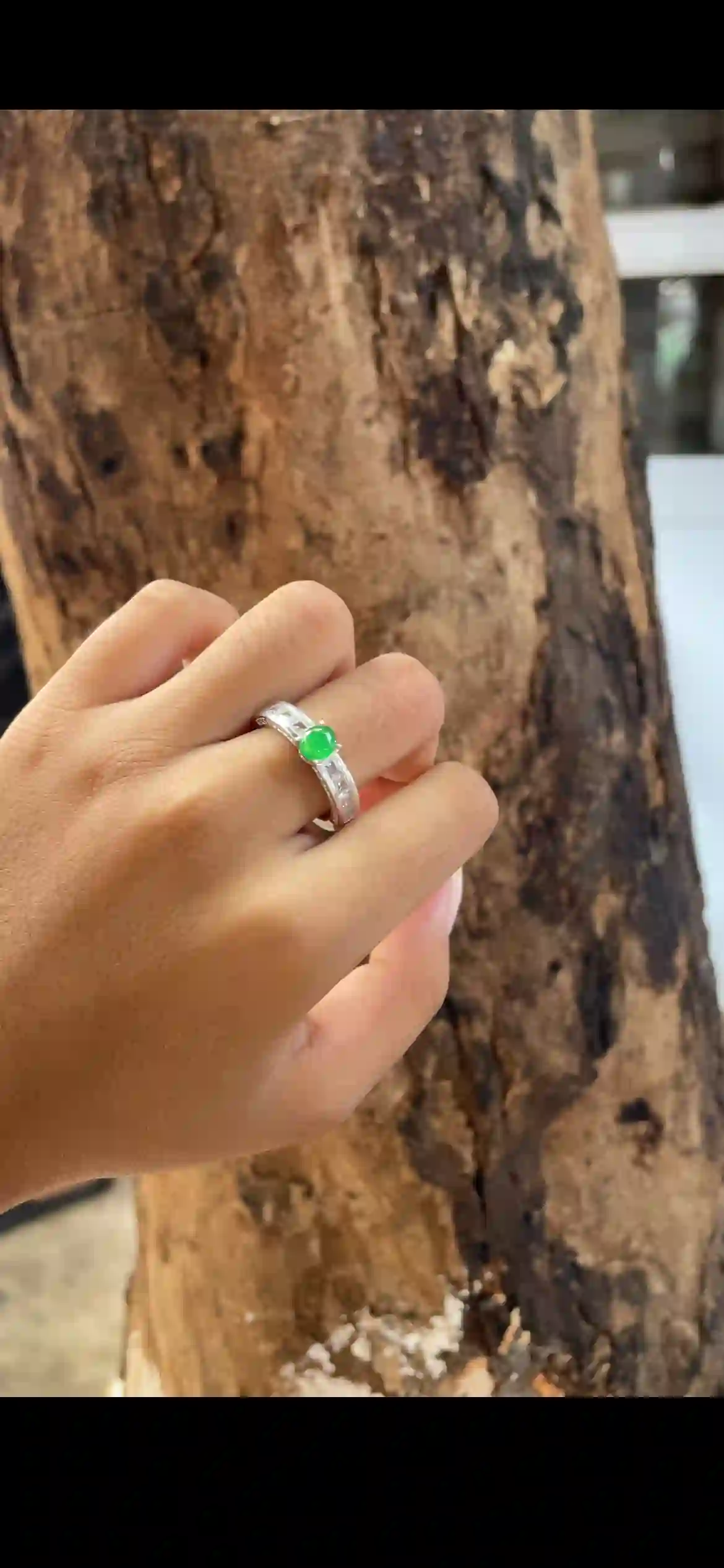 Vivid Green Jade Solitaire Ring with Diamond Accent Band — Sterling Silver Setting | Myanmar Jadeite reference #28650001