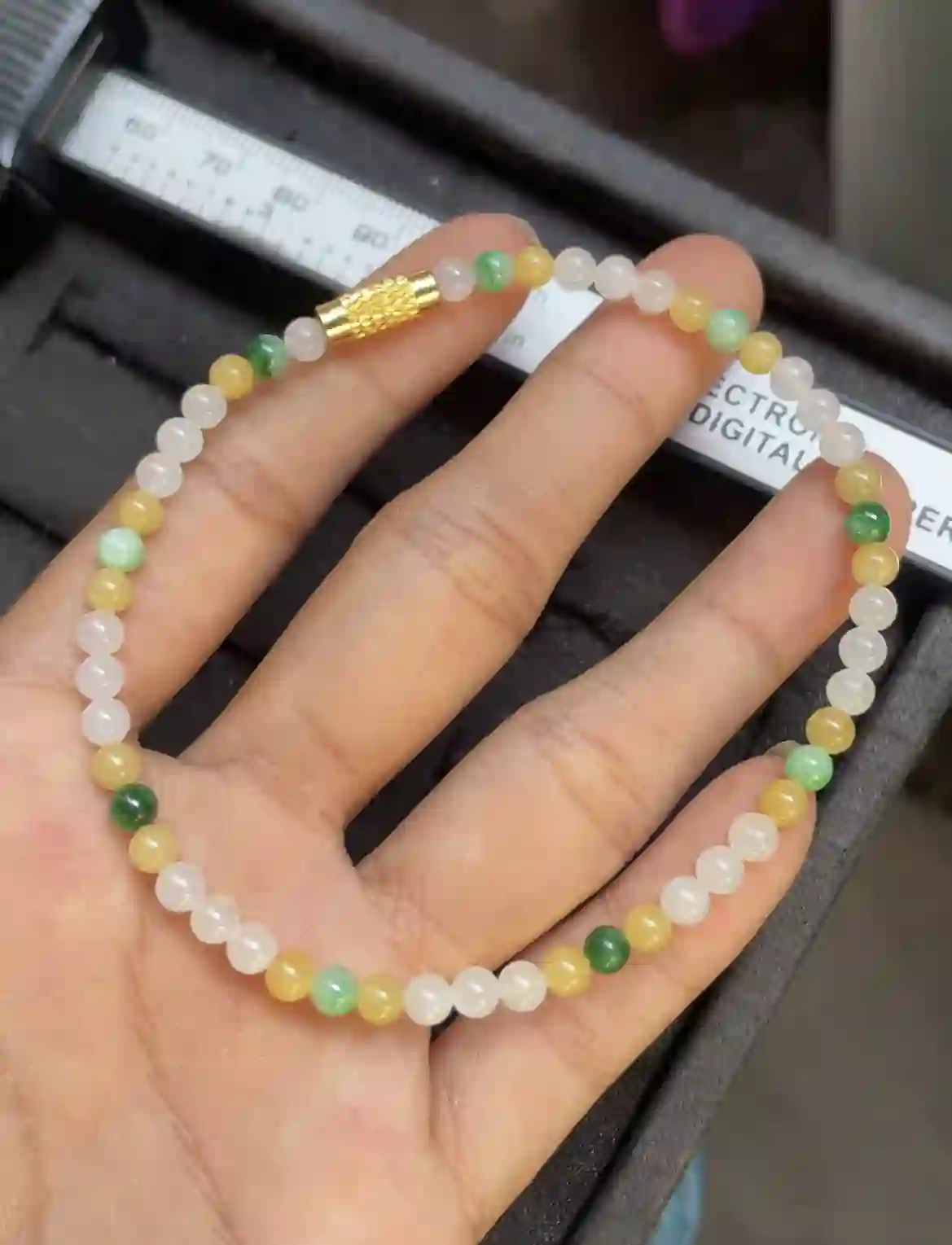 Natural Multicolor Jade Bead Bracelet with Gold Accent, view 2 | Myanmar Jadeite reference #2520008