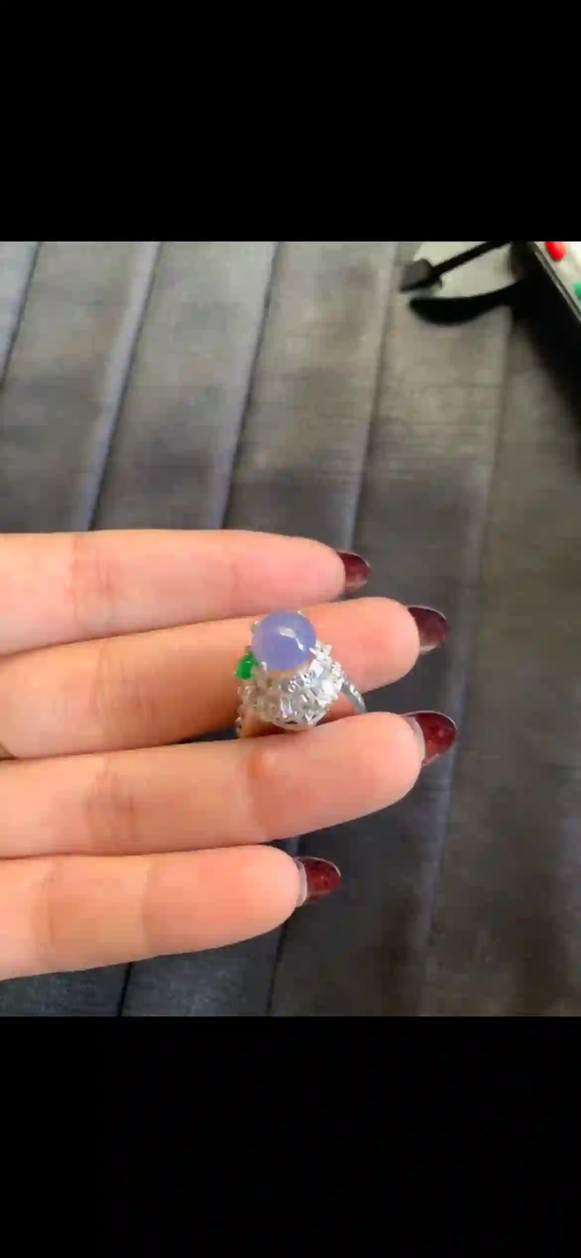 Lavender & Vivid Green Jade Ring with Diamond Halo, Sterling Silver Setting, view 2 | Myanmar Jadeite reference #5490001