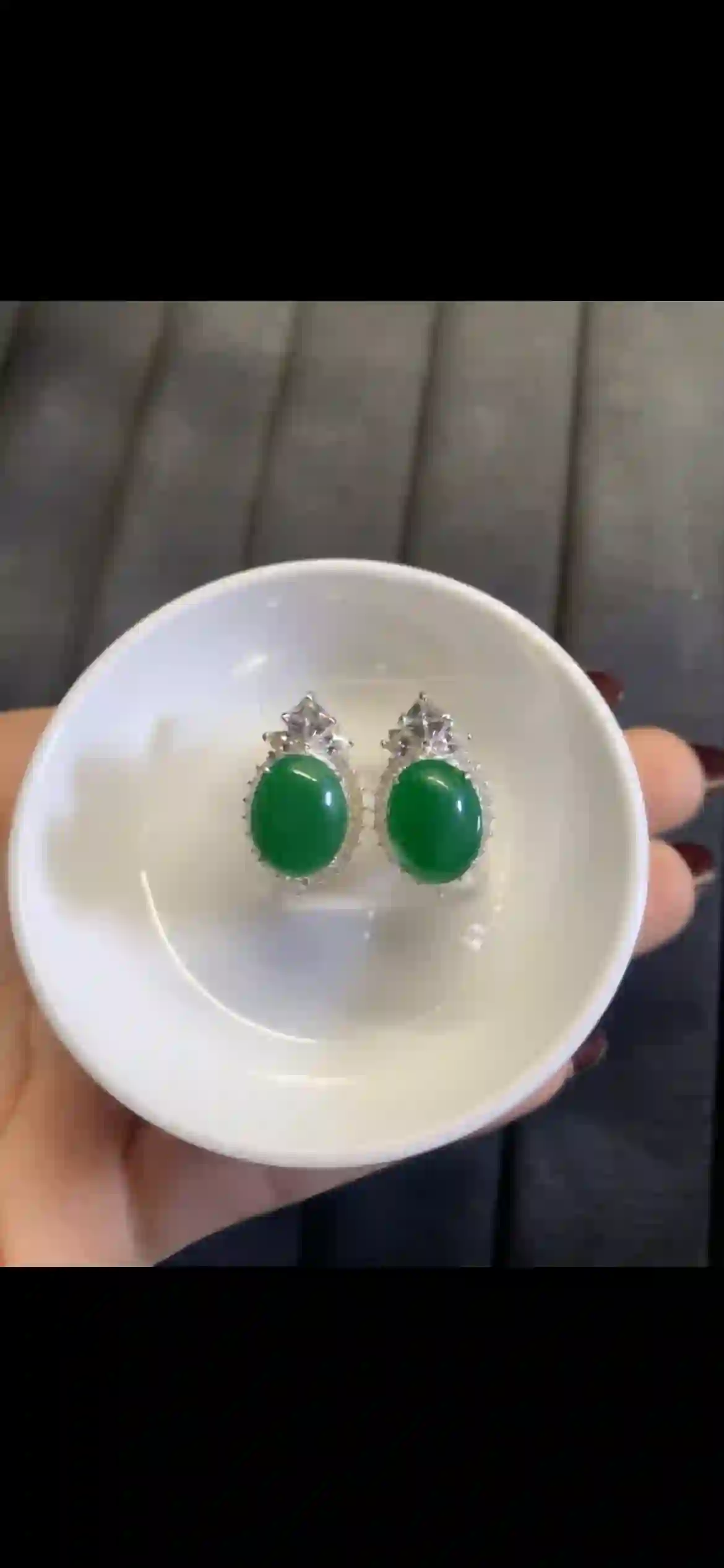 Vibrant Green Jadeite Cabochon Earrings with Diamond Halo Setting | Myanmar Jadeite reference #4590001