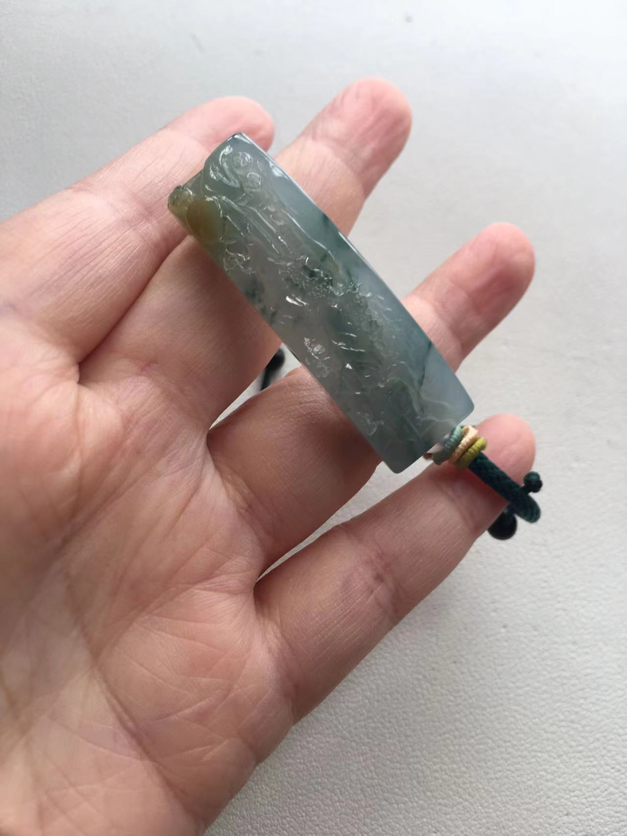   Icy Jade Bar Pendant with Landscape Carving - Burmese Jadeite Type A from Hpakant, Myanmar | Myanmar Jadeite