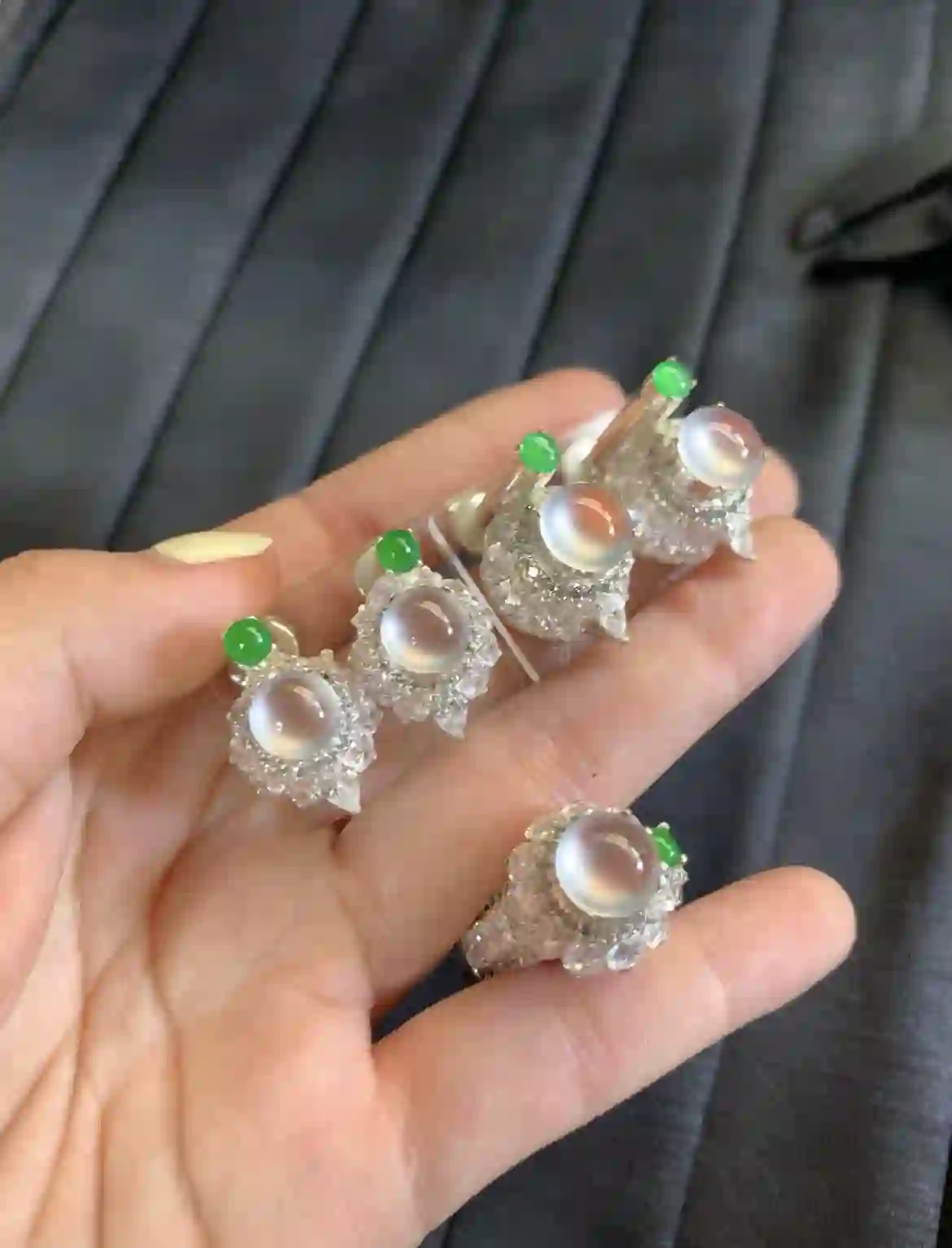Icy Jade Earrings & Ring Set, view 2 | Myanmar Jadeite reference #2670006